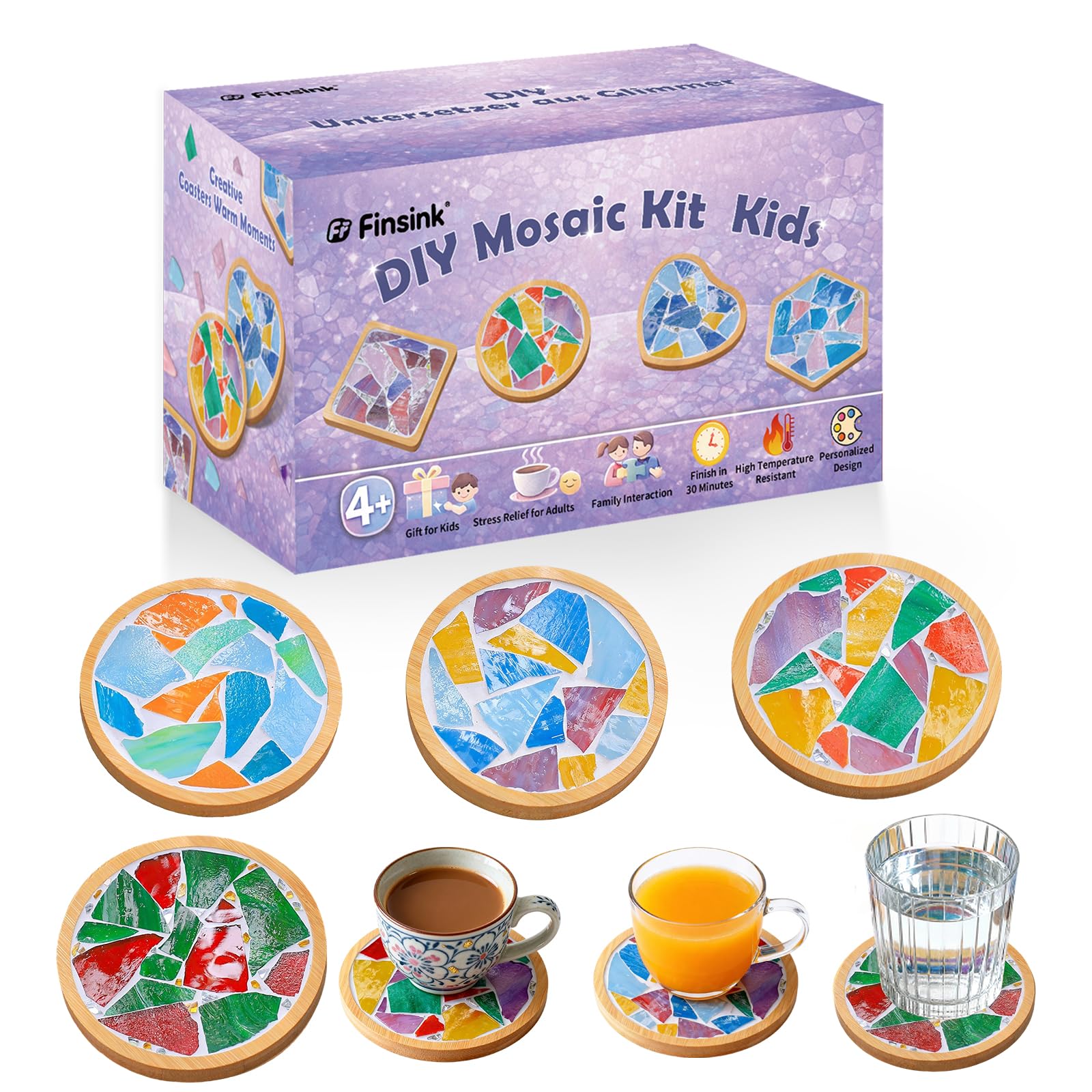 Mosaik Bastelset Kinder, 4 Stück Mosaiksteine zum Basteln und Holz Untersetzer, DIY Kit, Wärmeisolierender Untersetzer für Kinder ab 4 Jahren, Mädchengeburtstag