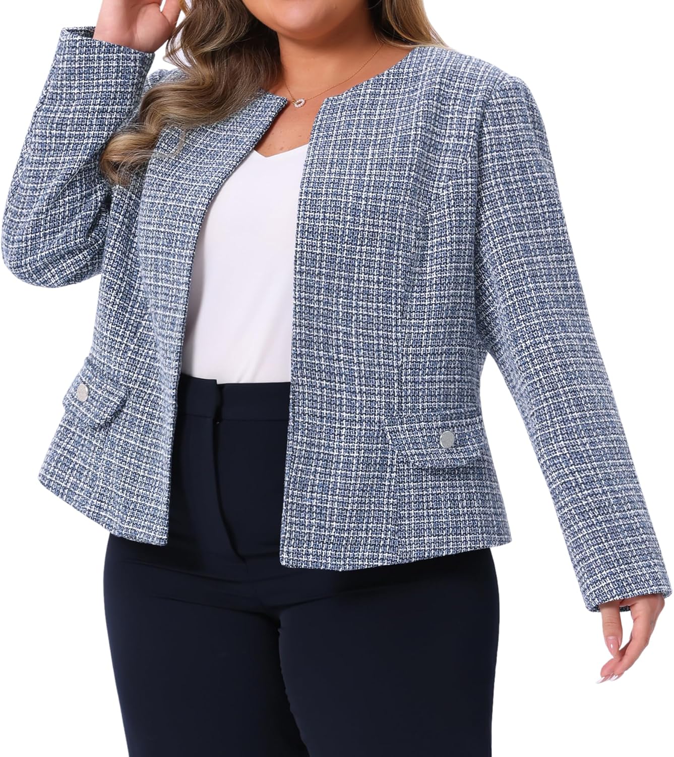 Agnes Orinda Plus Size Tweed Blazer for Women Collarless Long Sleeve Open Front Work Business Jacket Suits Casual 2025 - Image 2