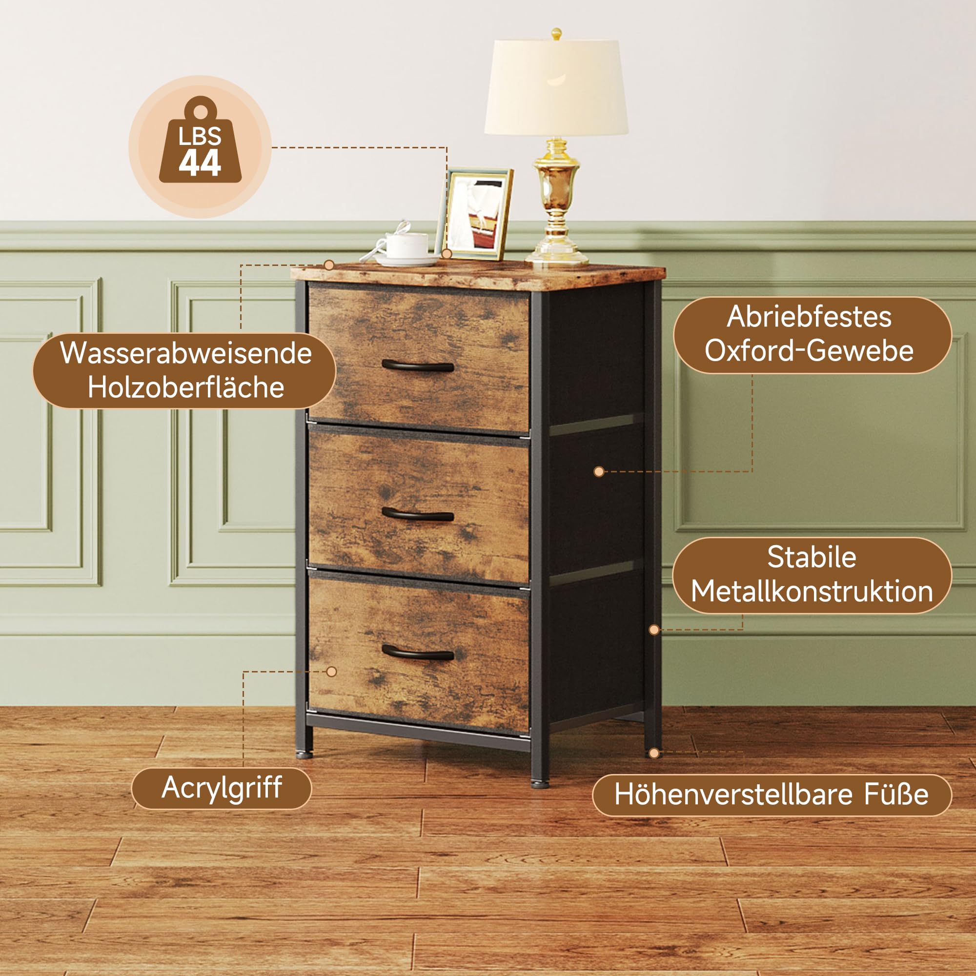 CAIYUN Nachttisch mit 3 Stoffschubladen, Schmaler Kommodenschrank für Schlafzimmer, Wohnzimmer und Flur, Holzplatte, Platzsparend, Schwarz, Modernes Design
