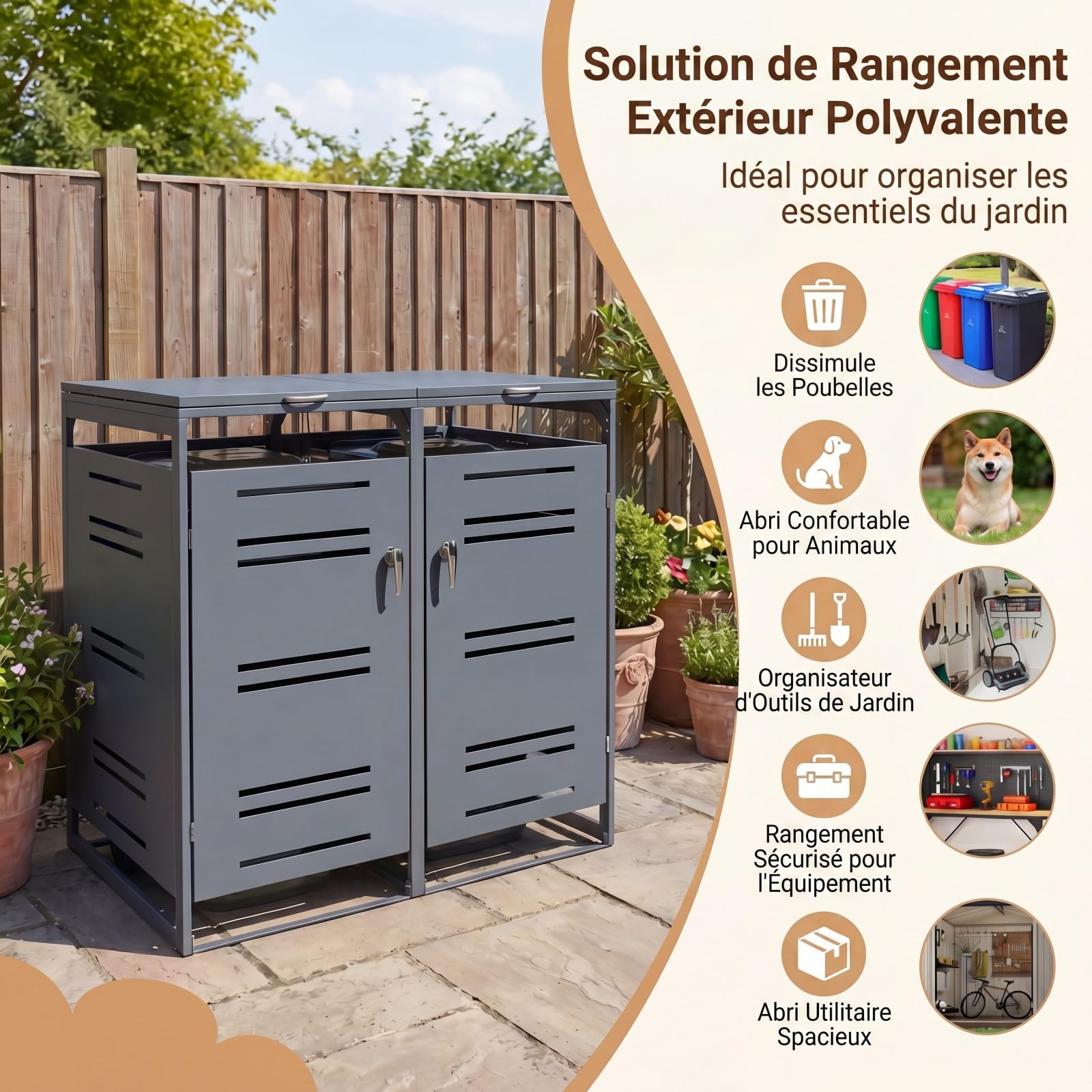 GYMAX Cache Poubelle Extérieur en Métal, Abri Double pour 2 Poubelles de 240 L, Porte Verrouillable, Couvercle Ouvrable, 132 x 80 x 117 cm, pour Jardin, Pelouse, Terrasse (Gris)
