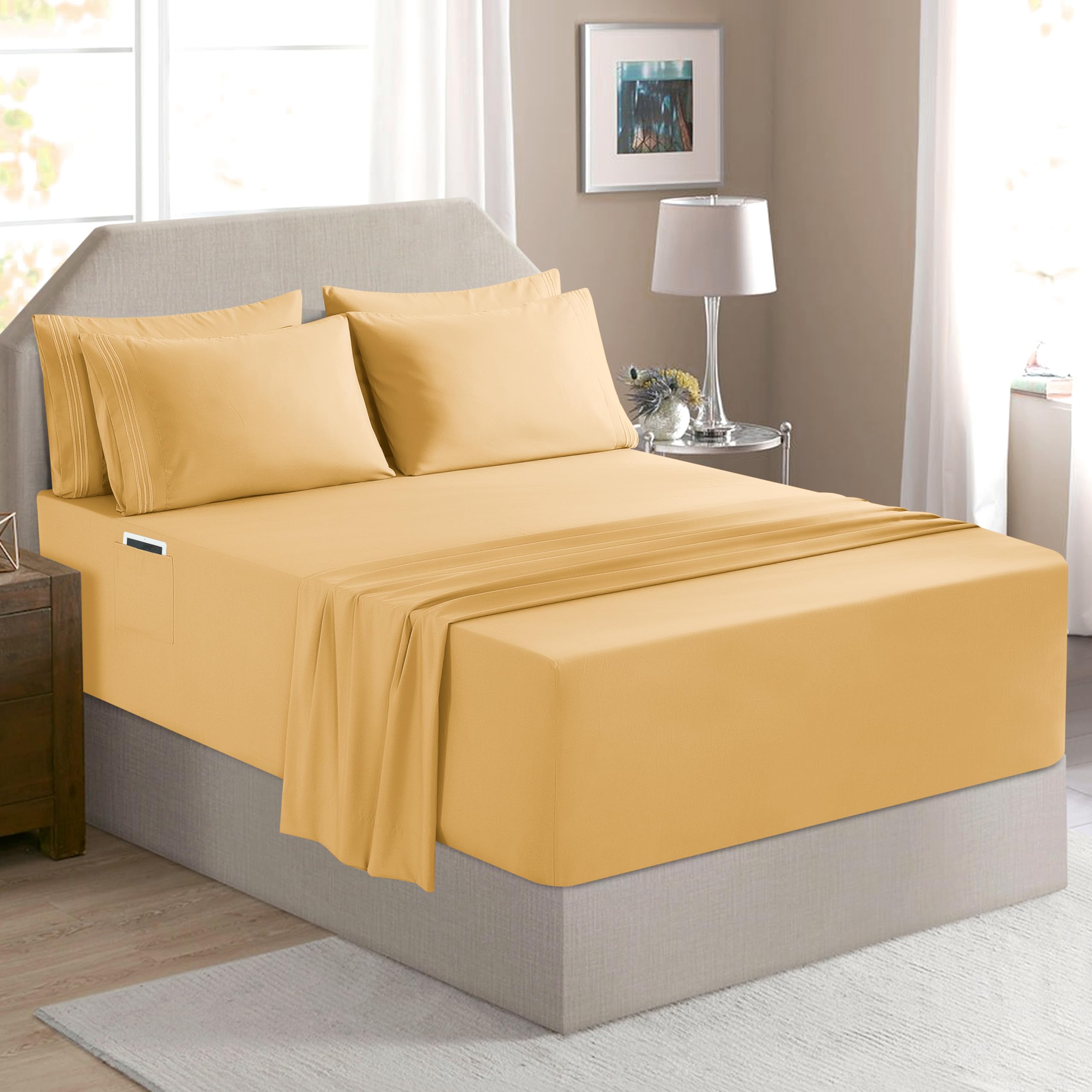 Elegant Comfort Beste, zachtste, gezelligste 6-delige lakensets! - 1500 Premier hotelkwaliteit luxe kreukbestendig 6-delige damast streep lakenset, California King White