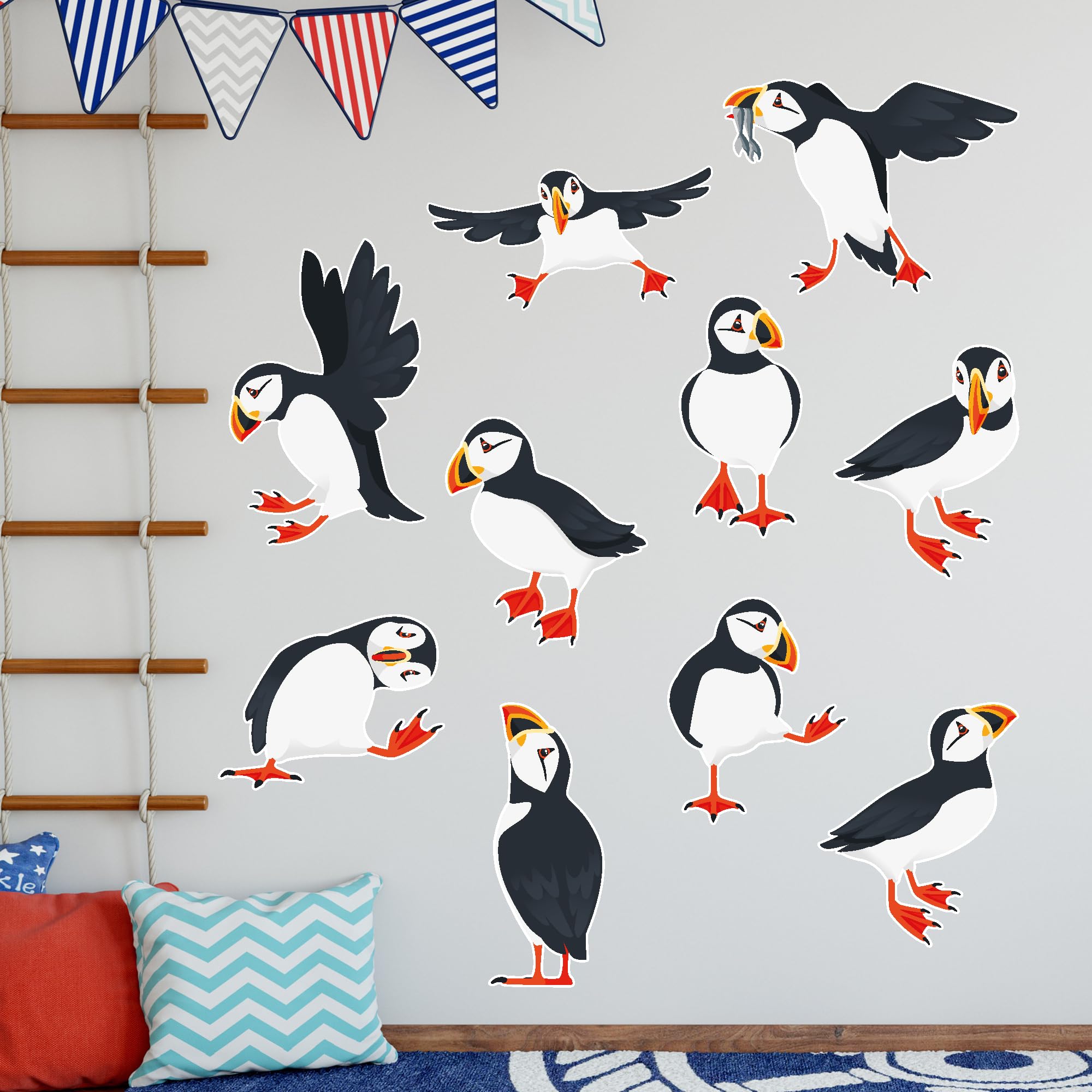 Themed Green Animal Wall Sticker - Set Of Ten Puffins Decal Wall Art (90Cm Width X 45Cm Height)