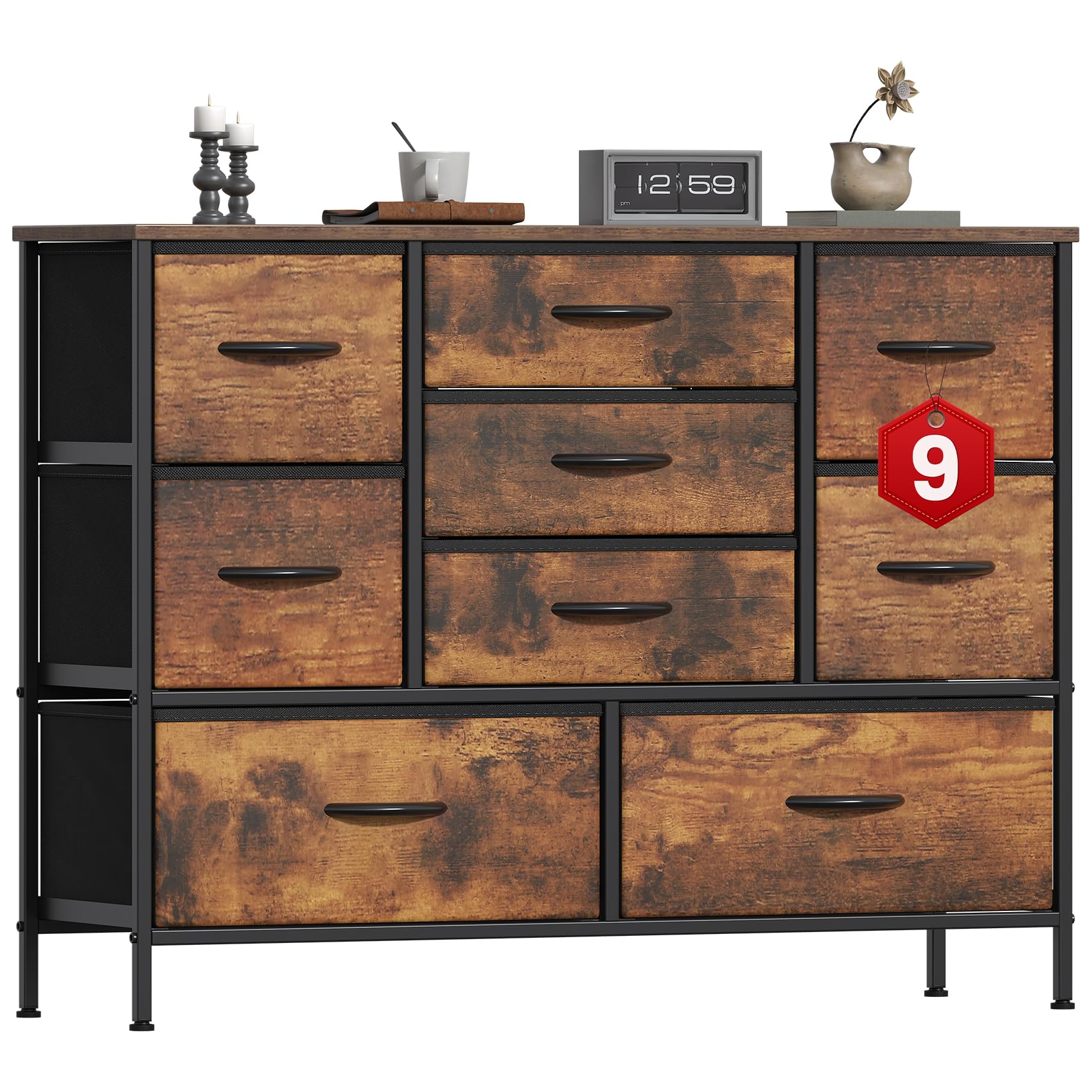 GoaHi Chest of Drawers, Large Dressers with Metal Frame and MDF Wooden Top Board, Adjustable Feet, Anti-Tip Safety, Storage Unit with 9 Drawers for Bedroom, Living Room, Closet, Office