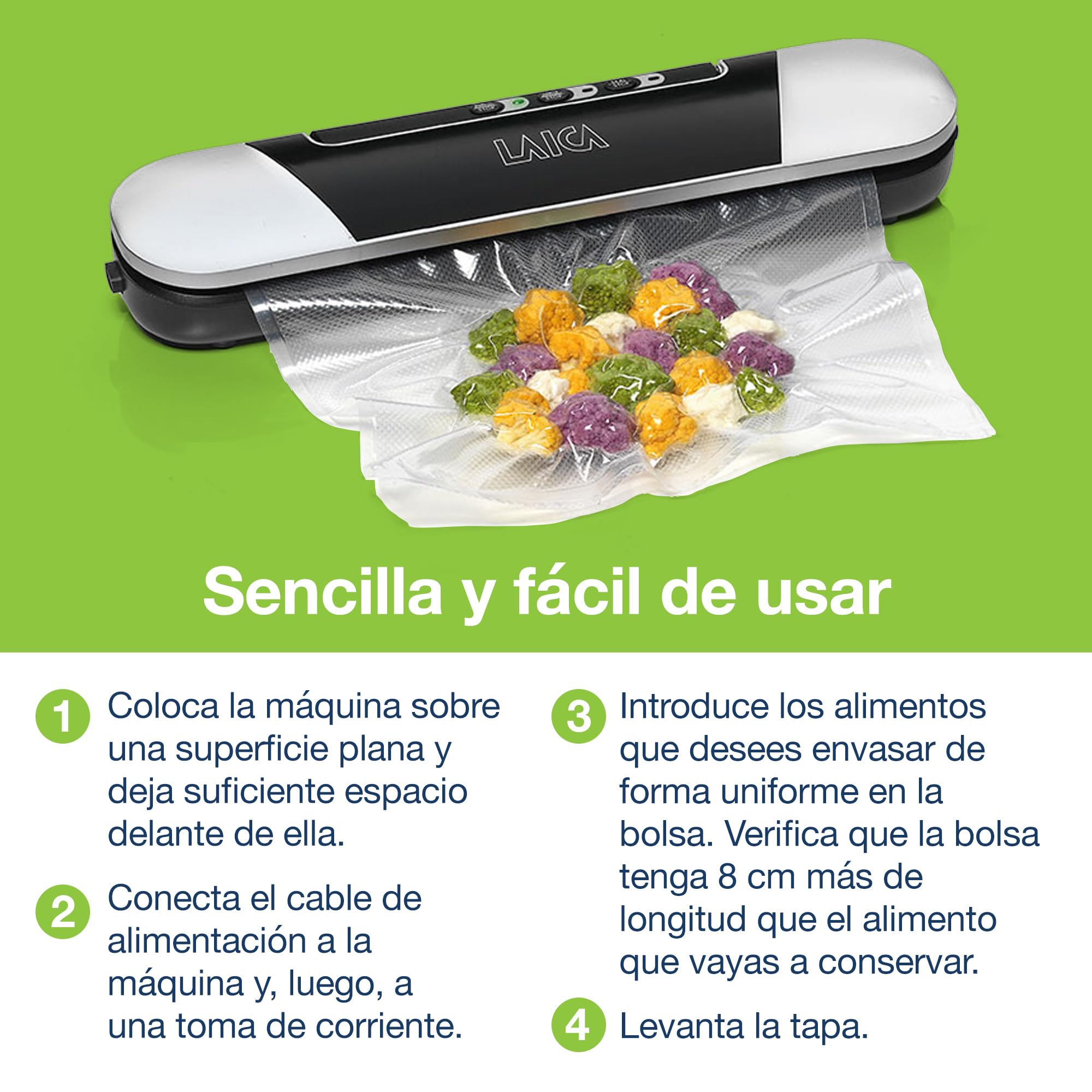 Termoselladora de bolsas y envasadora de alimentos al vacío LAICA VT3205 con bolsas adicionales - Diseño compacto y fácil de almacenar | Diseño compacto, base magnética para nevera, vacío parcial, hasta 5 veces la vida útil de alimentos cocinados y fresco