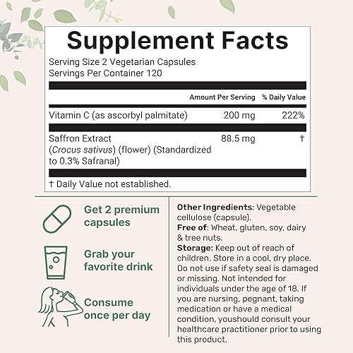 Miniatura 2 de Suplementos de azafrán puro de 88.5 mg, 240 cápsulas vegetales  Suministro para 4 meses  Extracto de azafrán 100% puro con vitamina C soluble en