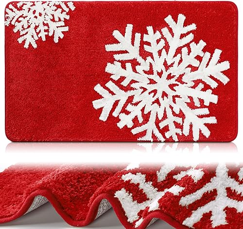 Alfombra de baño roja de Navidad, lavable, absorbente de agua, antideslizante, divertida alfombra de baño con patrones de copo de nieve para baño,
