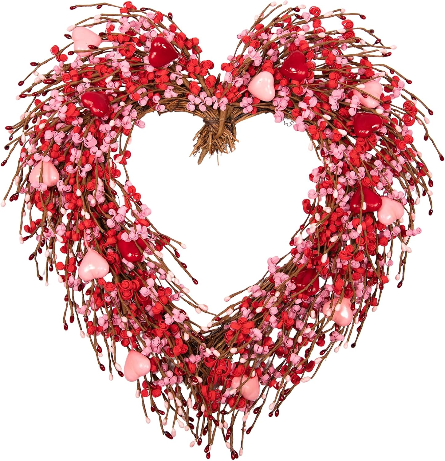 Heart Valentine Wreaths Love Wreath - Deep Wine Red and Pink Berry & Flower Heart Wreath，18inch Handmade Forsythia Florals, Berry Valentine‘s Decor for Indoor Outdoor, Wedding, Party