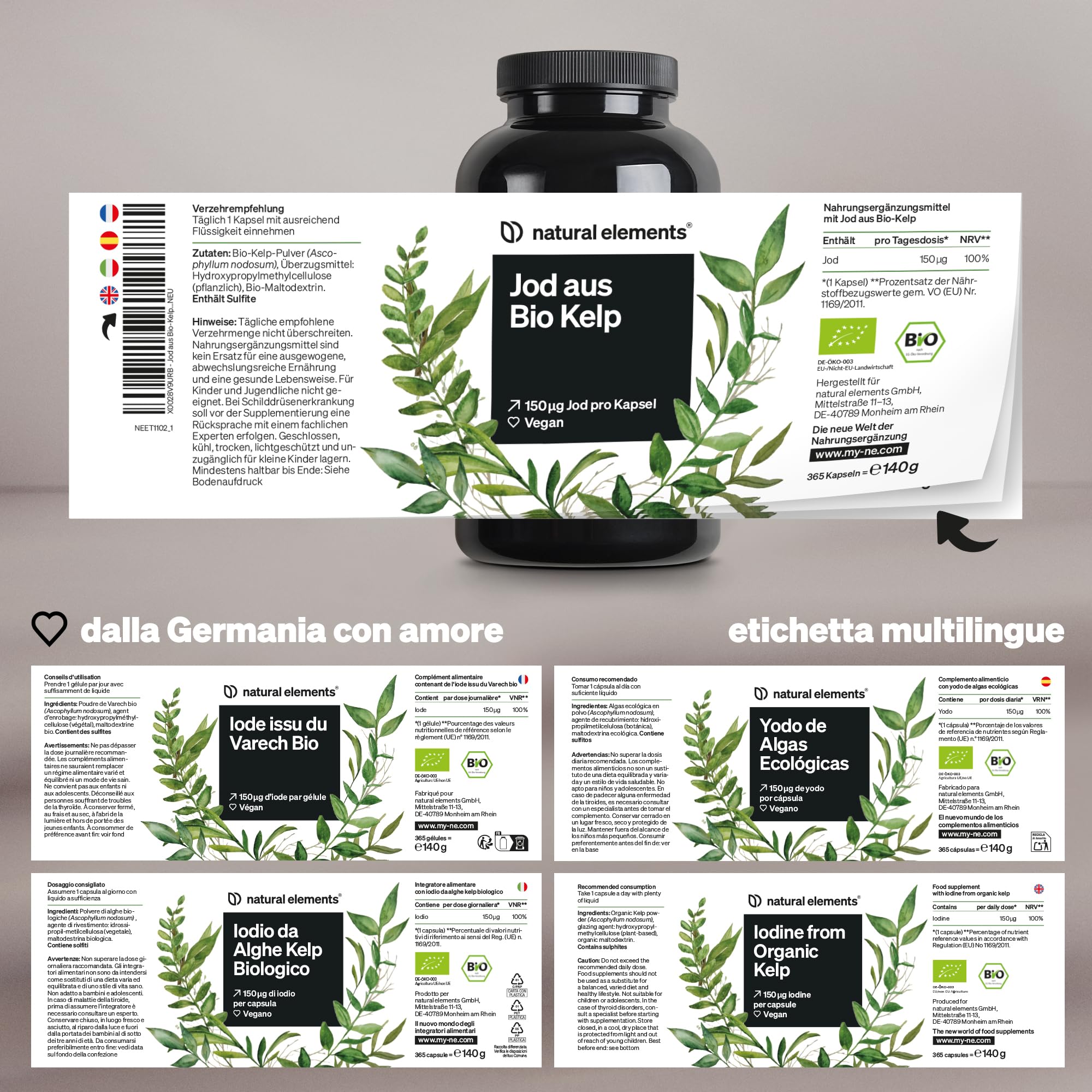 Iodio da Alghe Kelp Biologico – 365 compresse – 150µg di iodio da alghe brune/1 compressa – qualità bio per tiroide – vegano, alto dosaggio, no additivi – prodotto e testato in laboratorio in Germania