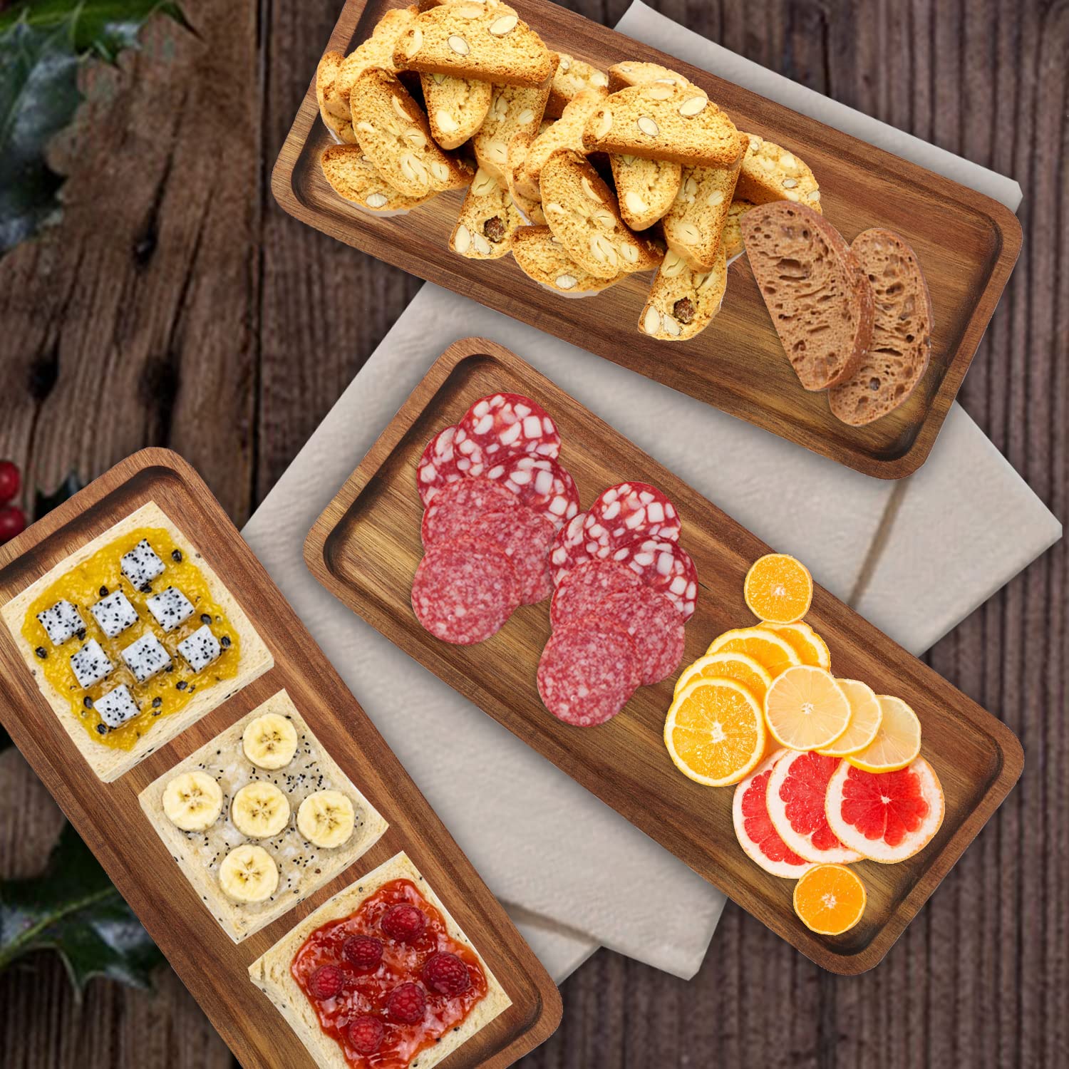 Bandeja de madera para servir, 9.8 x 5.1 pulgadas, juego de 5, bandeja de madera de acacia, perfecta para servir charcutería, postres, salsas, sushi, fiestas, reuniones familiares, bodas y decoración