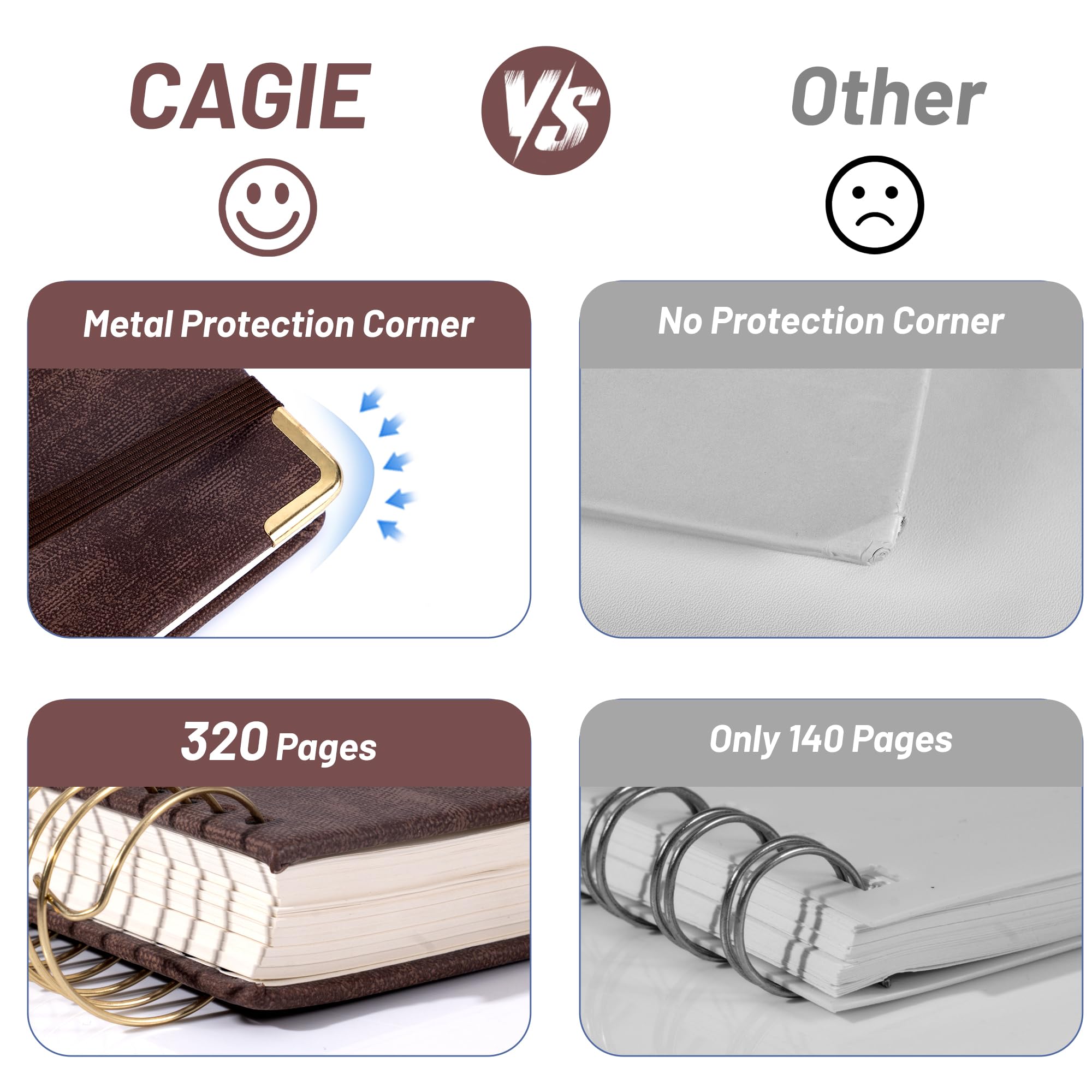 CAGIE Cuaderno de espiral de 8.5 x 11 pulgadas, 320 páginas de cuero A4, cuaderno grande de 100 g/m², rayado universitario, cuaderno grueso de tapa dura con calcomanías para hombres y mujeres, diario