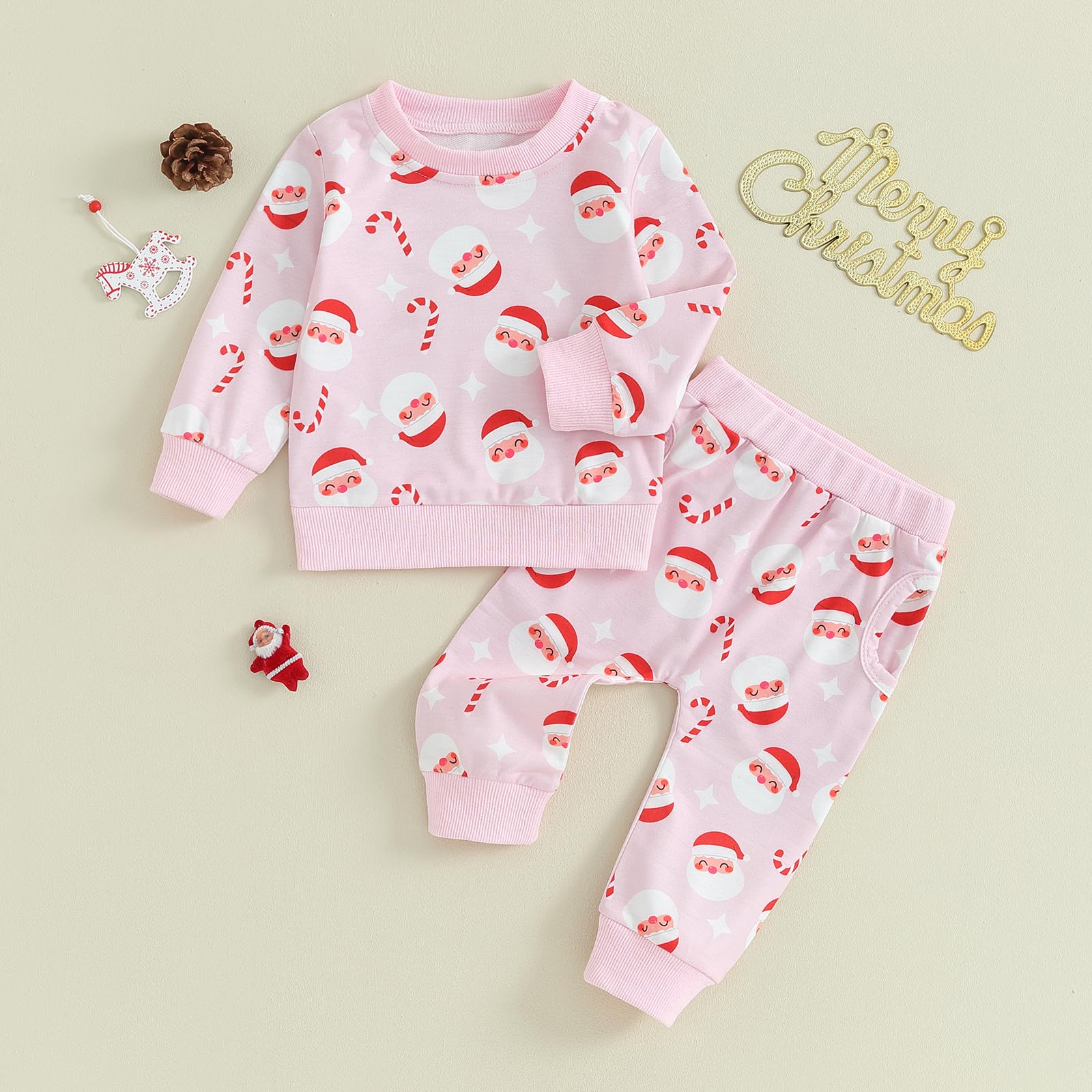 FIOMVA My First Christmas Outfit Fall Toddler Baby Girl Clothes Santa Sweatshirt Pants Set Winter Infant Clothing (B Santa Print Pink, 12-18 Months)