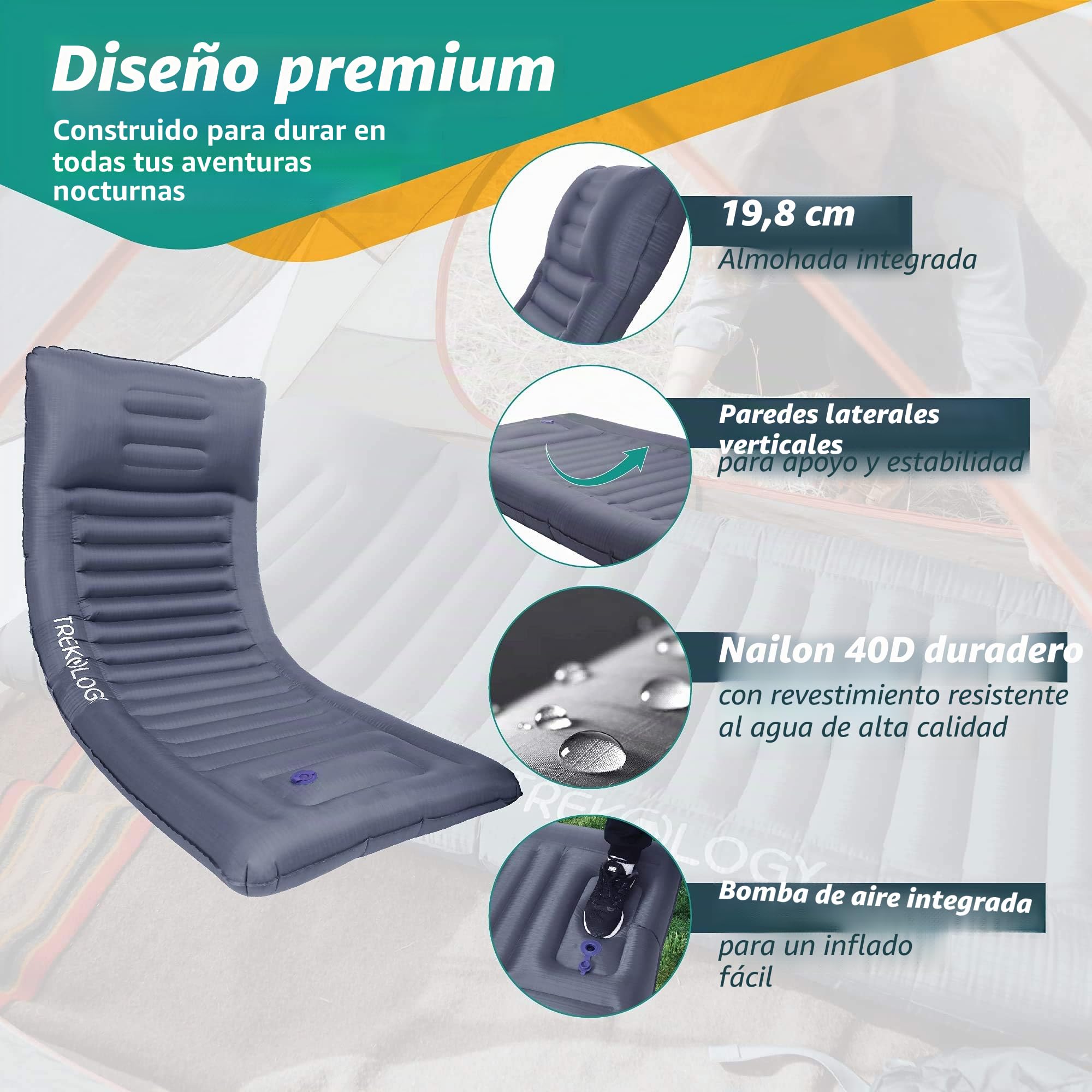 TREKOLOGY Esterilla de Camping autoinflable, colchoneta de Dormir para Dormir, colchón Inflable de Camping, colchón autoinflable, Ultraligero, colchoneta de Dormir Inflable, 186 cm x 76 cm x 12,5 cm