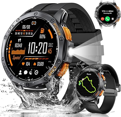 LIGE Reloj inteligente militar con GPS para hombre, linterna LED, brújula, batería de 45 días, IP68, impermeable, 1.43 pulgadas, AMOLED, más de 100