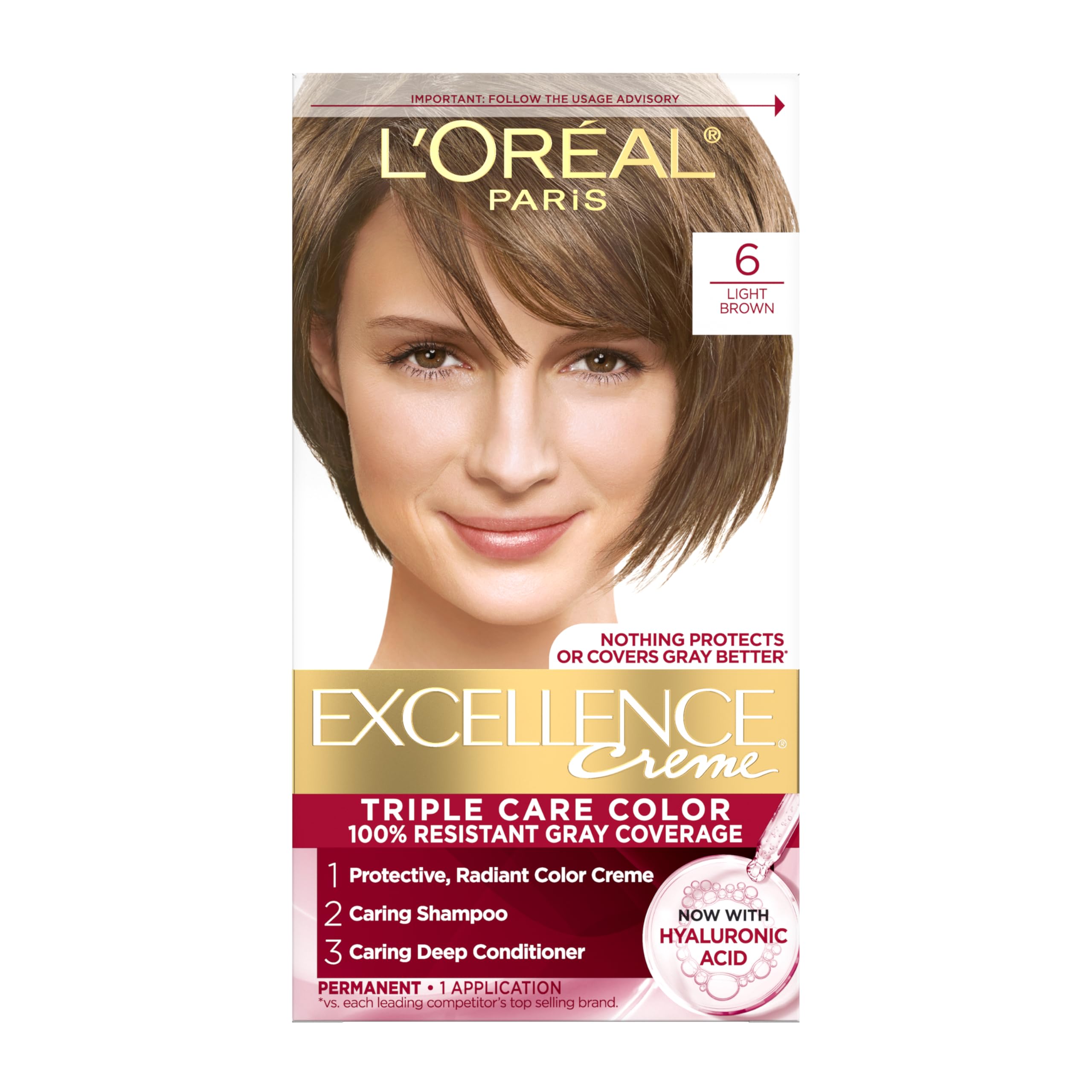 L'Oreal Paris Excellence Creme Permanent Triple Care Hair Color, 6 Light Brown Hair Dye Kit, Gray Coverage For Up to 8 Weeks, All Hair Types, Pack of 1