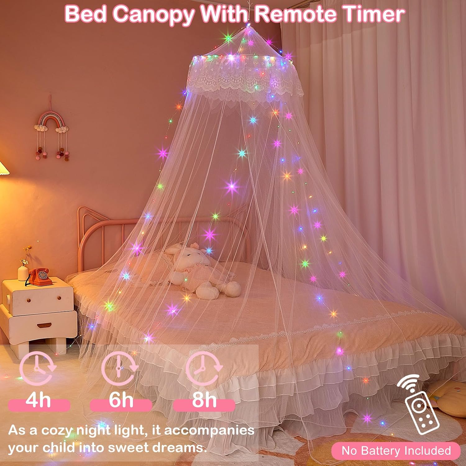 Unicorn Castle Bed Canopy for Girls Princess Canopy Bed Curtains Room Decor Dome Bed Net Canopy with Timed Light Bedroom Decor, White