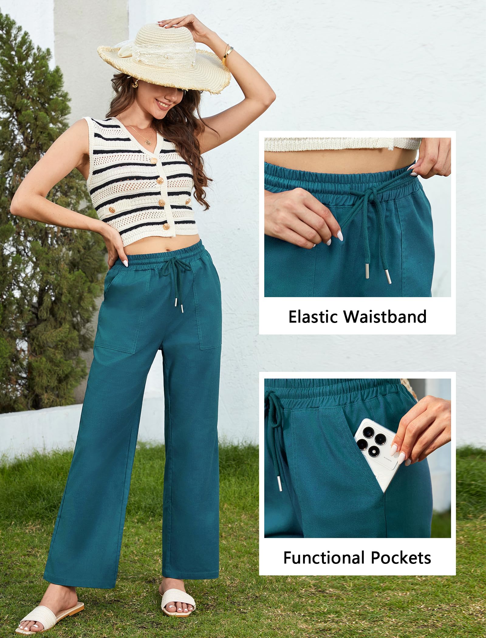 Enmain Pantalon Fluide Femme Été en Lin Pantalons Taille Élastique Décontracté Léger Ample avec Poches pour Vacances Plage ou Balade