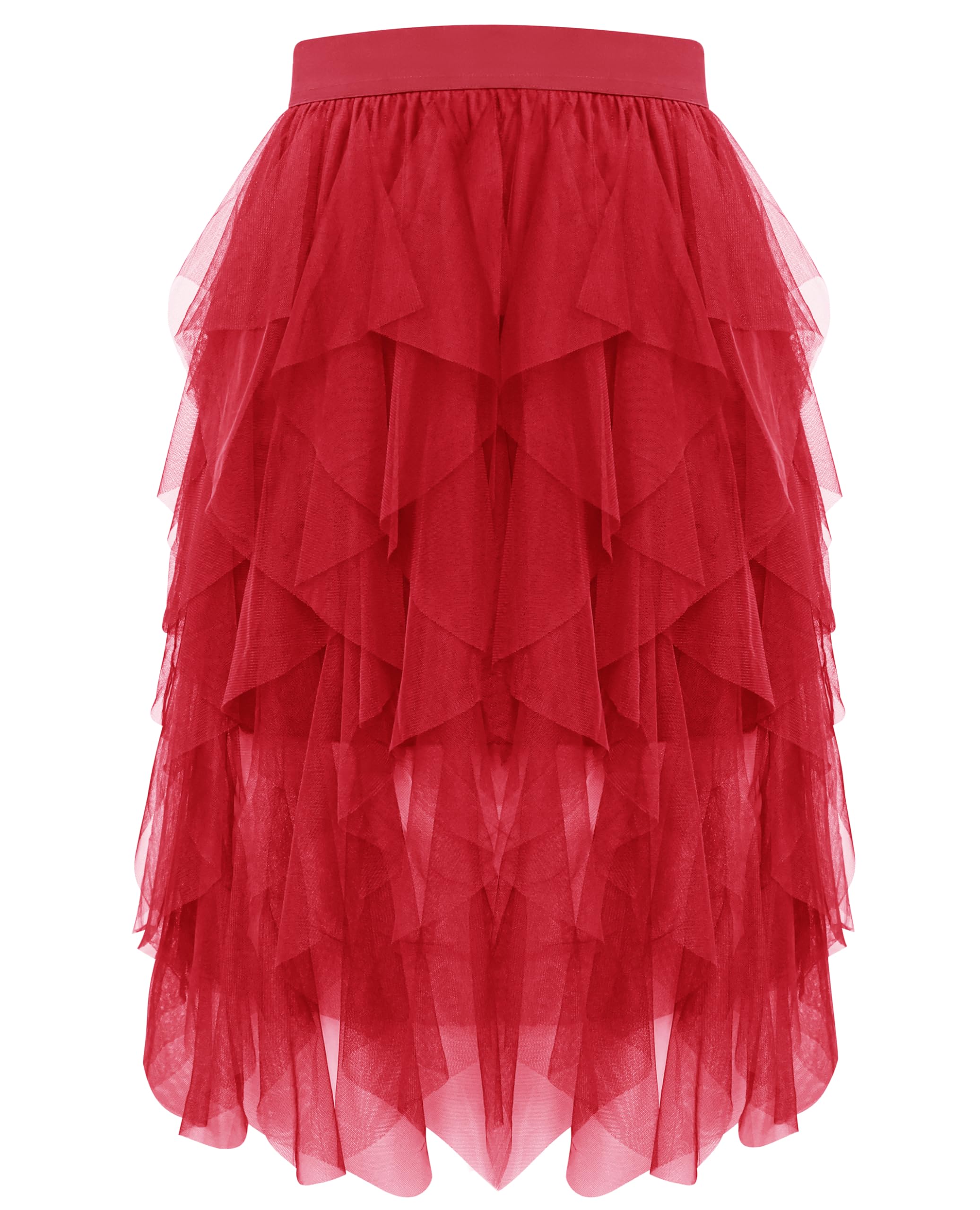 Wikoan Women's Tulle Skirt, High Waist Multilayer Mesh Irregular A-line Midi Skirt Tutu Skirts for Wedding Party Halloween Christmas Daily,Red,L/XL