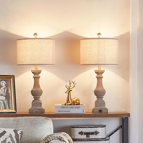 Miniatura 4 de Kyrid Juego de 2 lámparas de mesa regulables de 3 vías de 25.5 pulgadas con control táctil rústico con puertos de carga USB duales para dormitorio,