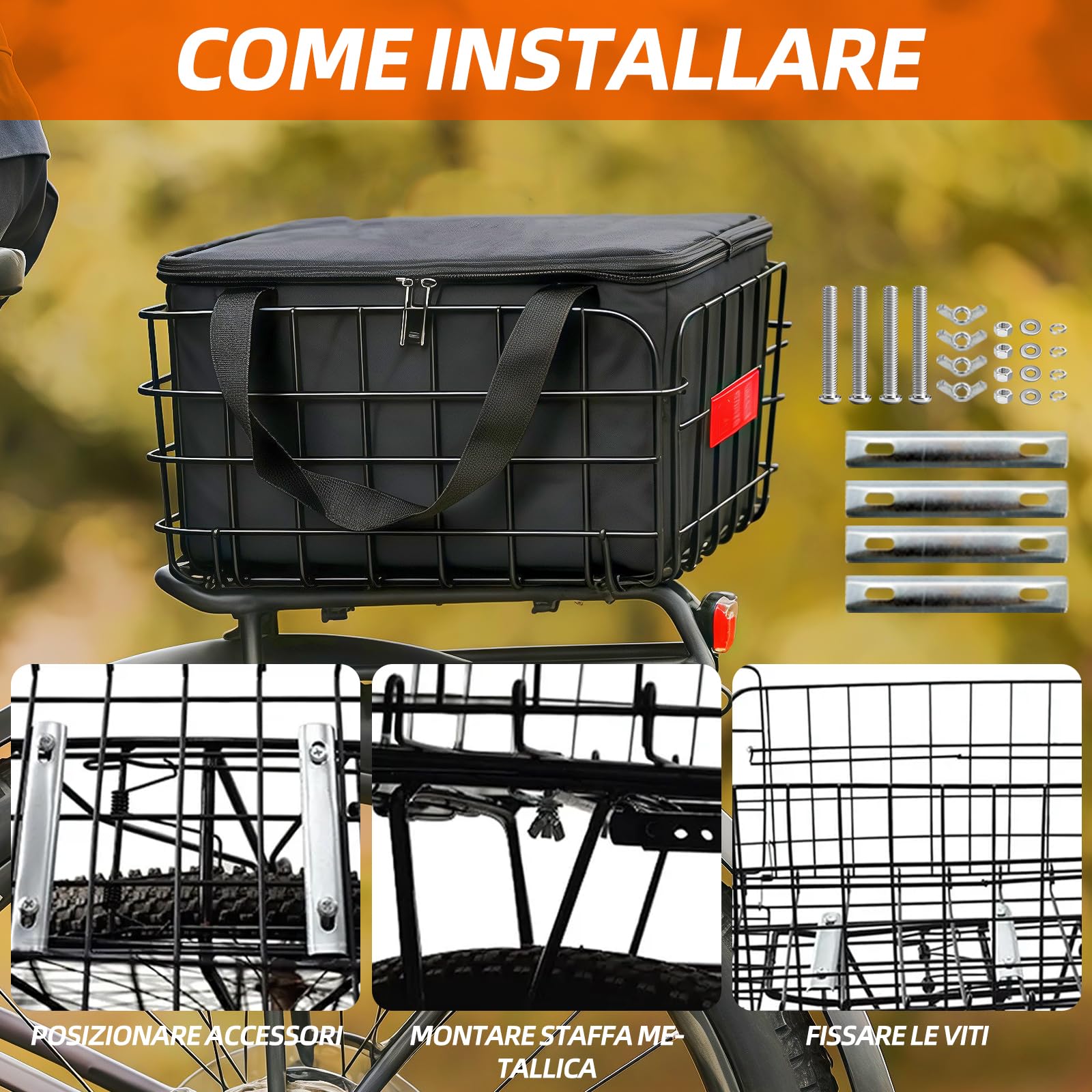 Cestino per Bicicletta. Cestino unisex per bicicletta, montaggio posteriore, rimovibile, grande capacità, adatto per e-bike, mountain bike, city bike e biciclette da tempo libero. (Montaggio