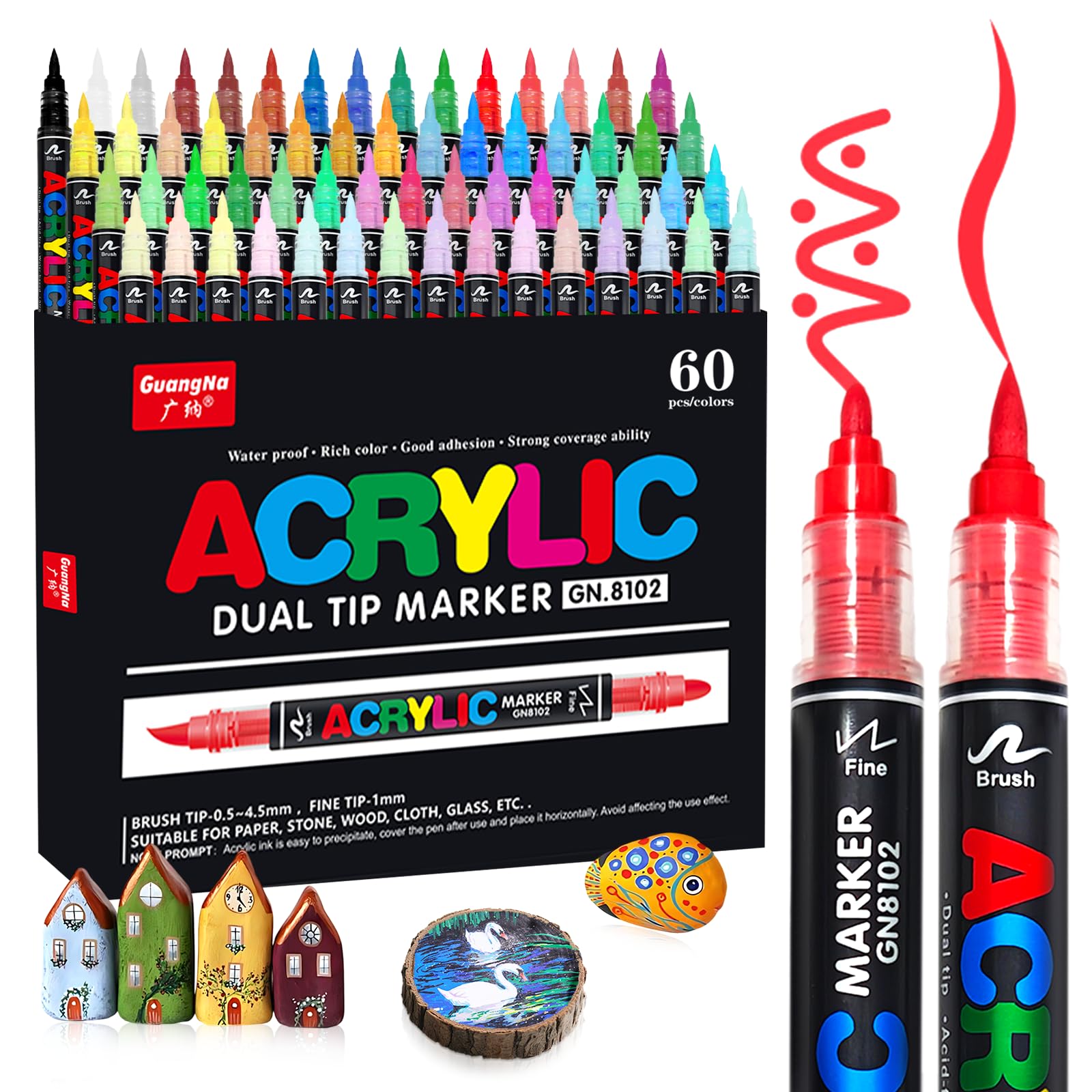 VAKKI Acrylic Markers, 60 Acrylic Markers for Adult Coloring, Double Tip Acrylic Markers, Acrylic Markers for Colouring, Stone, Calligraphy, Wood, Canvas, Glass, Ceramic