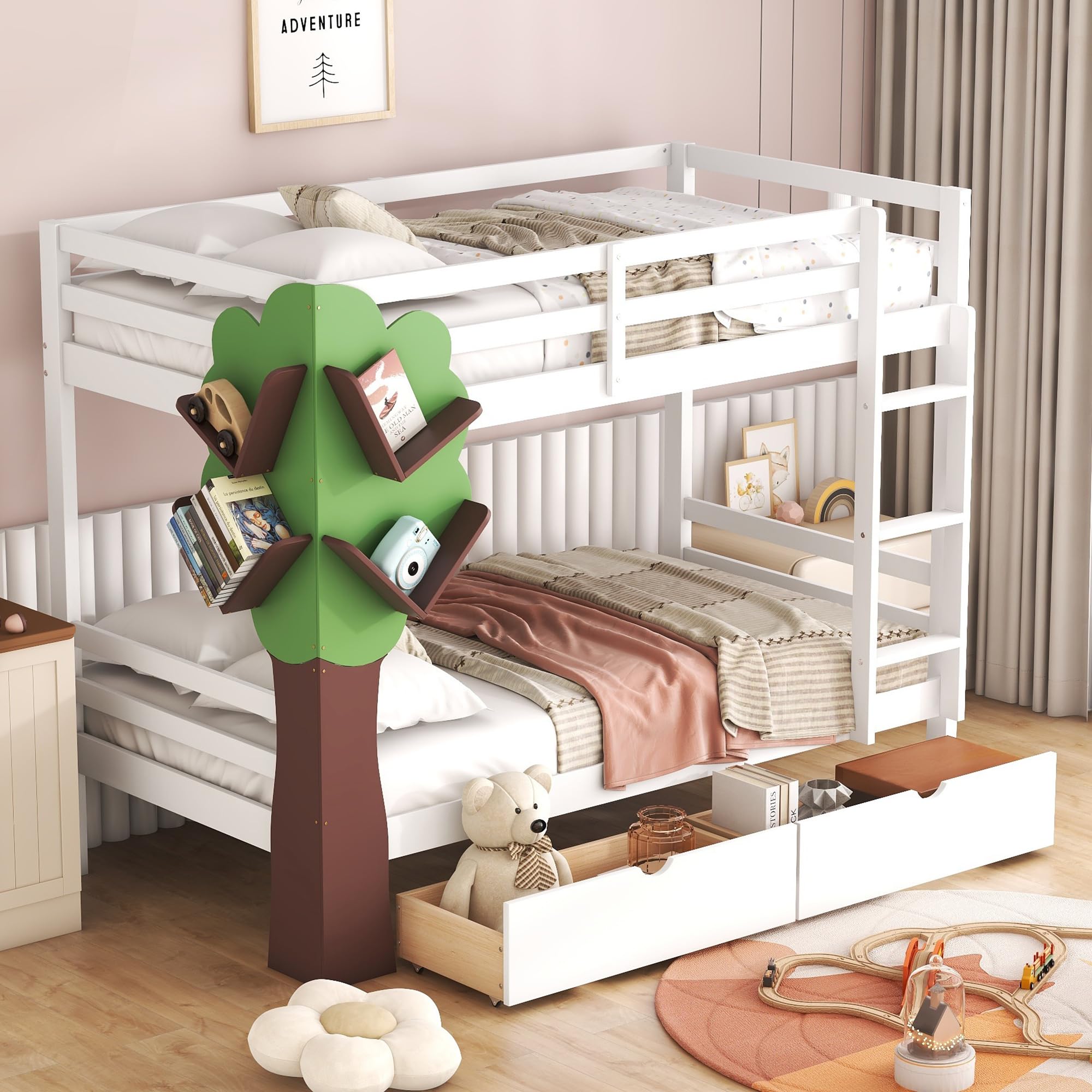 Merax Twin-Over-Twin Bunk Bed with a Tree Decor and Two Storage Drawers, Grey (Box 1 of 2 ONLY)