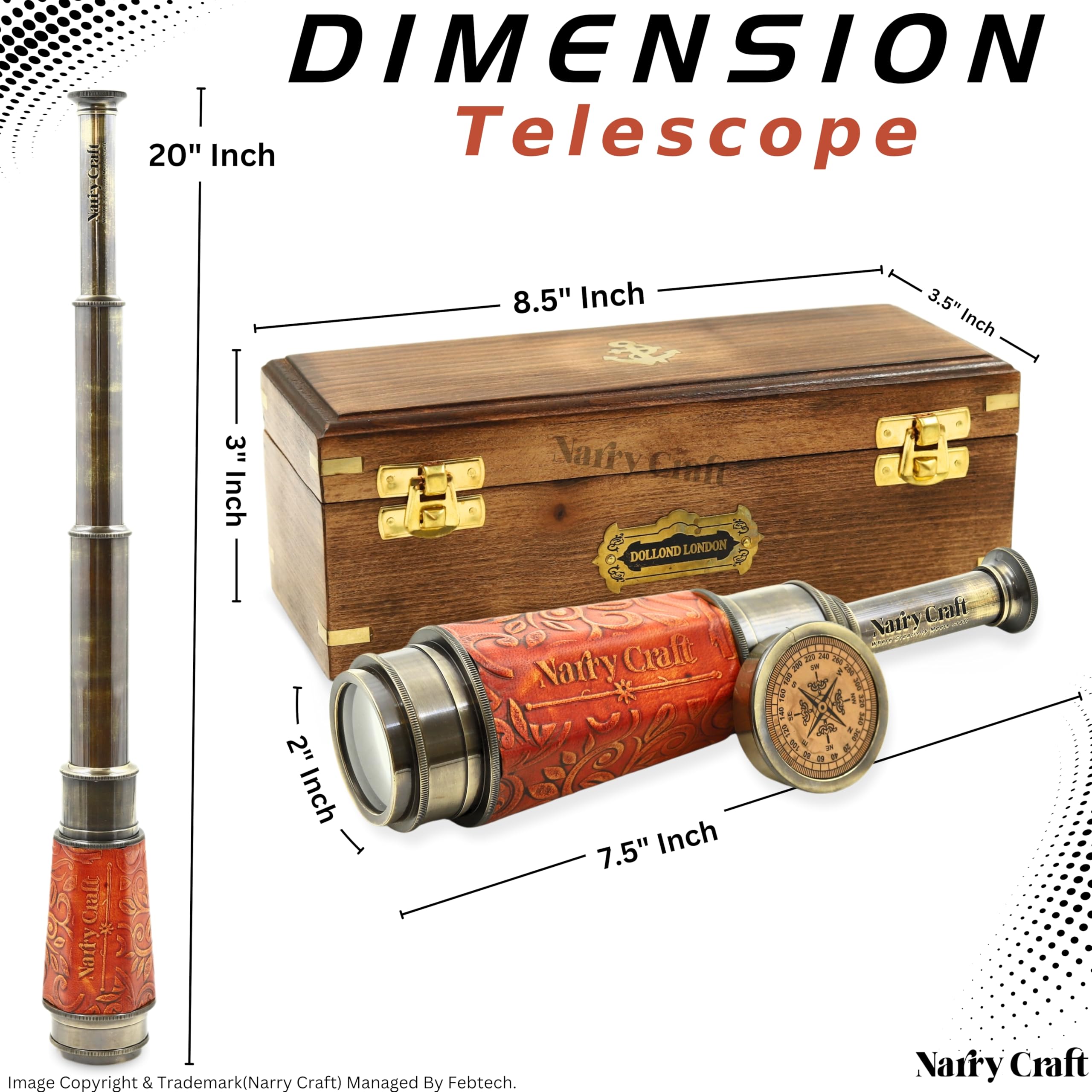 Vintage Brass Telescope – Handheld Nautical Pirate Spyglass for Navigation & Decor – Antique Brass Finish with Embossed (Wooden Box, Medium)