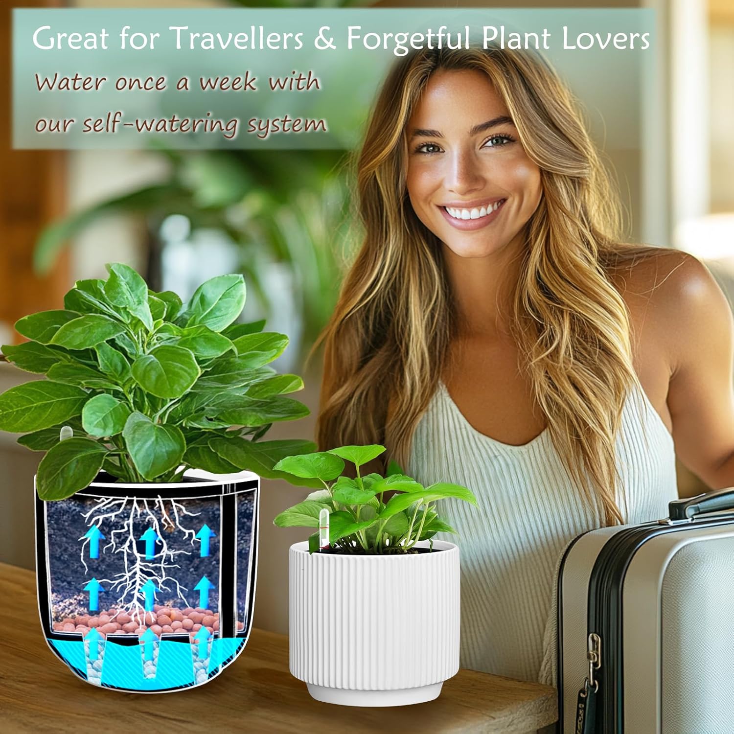 Ceramic Self Watering Pots for Indoor & Outdoor Plants, 6IN Water Level Indicator, Drainage Hole, Large Plant Pot for Easy Care, Flower Pots for Pothos Violets (White)