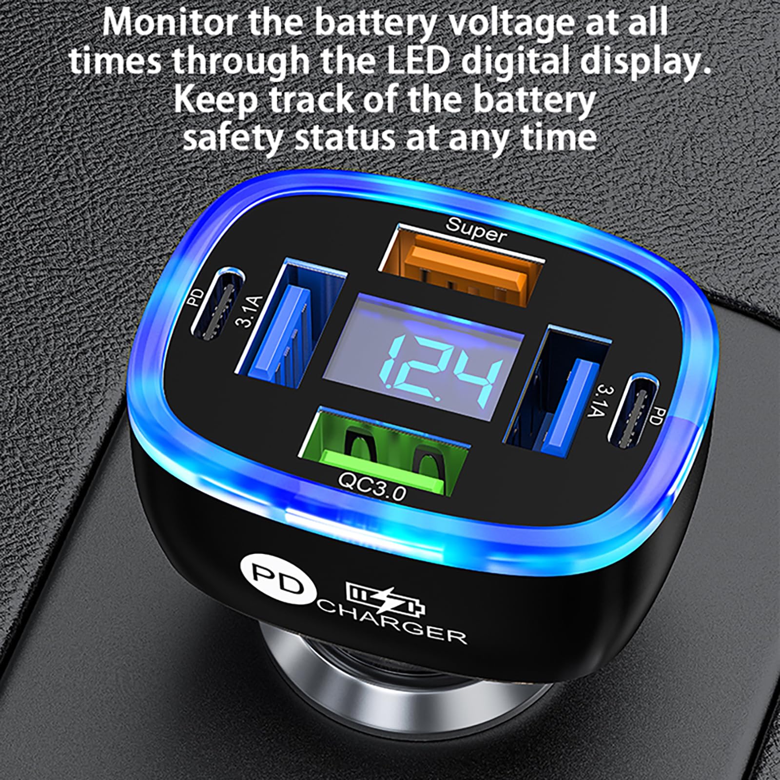 UnigilixMulti-Port Smart Car Charger with Digital Display Super/PD/3 USB Output Compact Fire-Proof PC Design Supports one Fast Charger