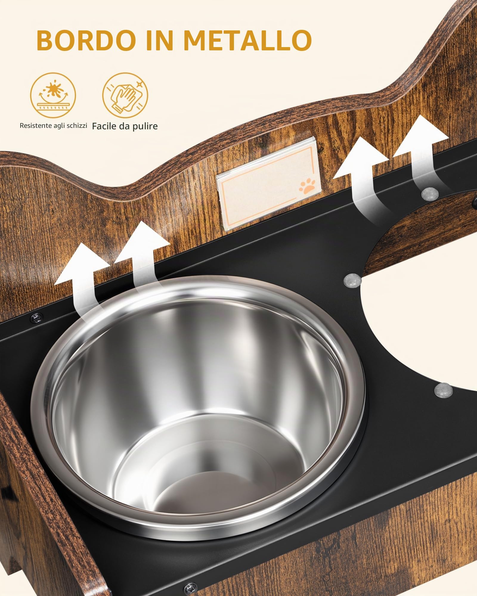 Hzuaneri Set di 2 Ciotole Rialzate per Cani, con Ciotola Acqua Inox, Supporto Antiscivolo e Antischizzo, Marrone e Nero PB01601B