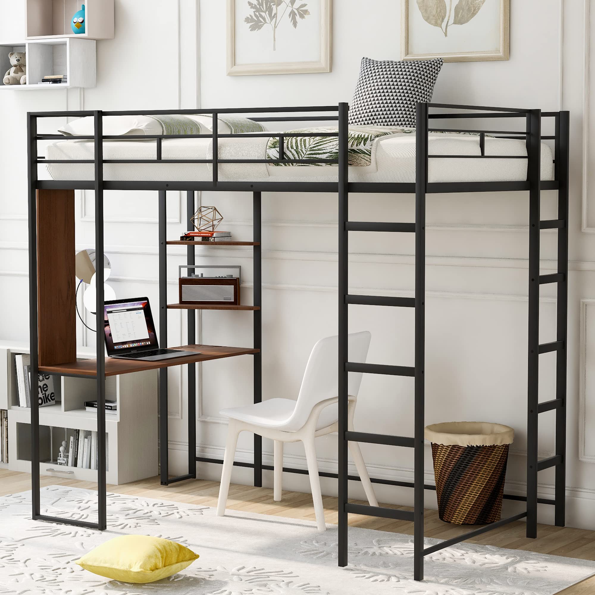 Detailed dimension diagram of the P PURLOVE Twin Metal Loft Bed, showing height, width, length, desk, and shelf measurements.