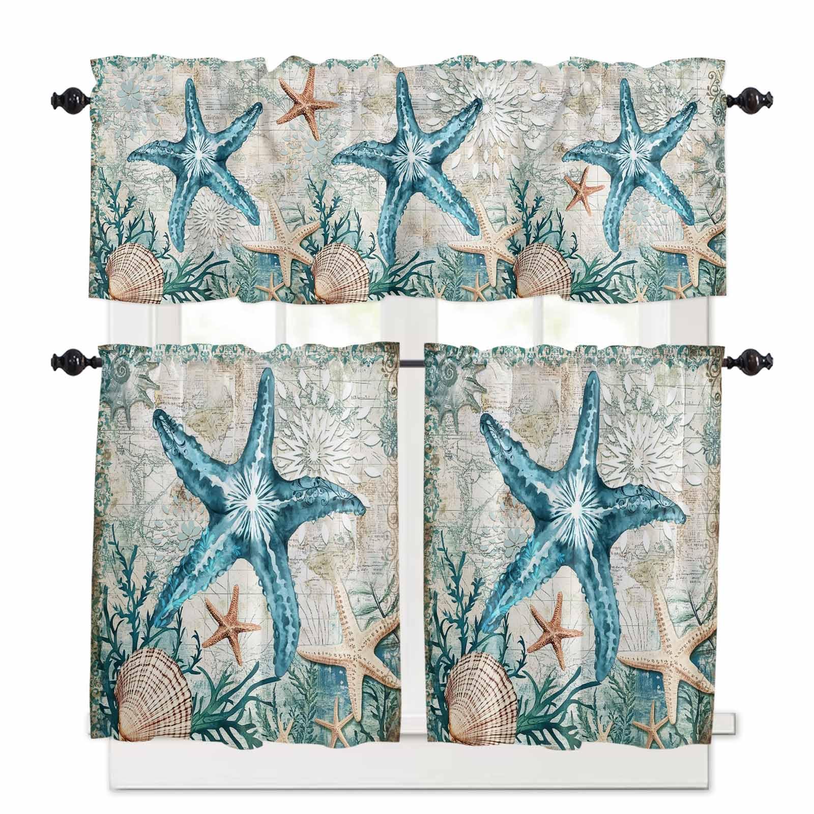 Coastal Starfish Kitchen Curtains 36 Inch Length, 3 Piece Rod Pocket Small Half Tiers and Valance Set, Ocean Coral Starfish Nautical Map Small Large Window Treatment Decor for Bedroom/Bathroom Sink