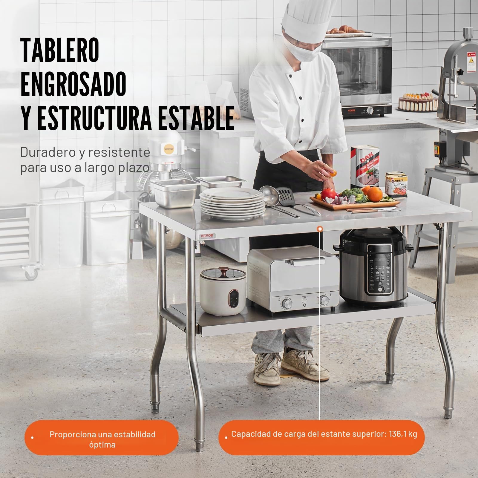 VEVOR Mesa de Trabajo Cocina 1220x610x850mm Mesa de Trabajo Plegable Acero Inoxidable con Estante Extraíble 350 kg Carga Mesa Acero Inoxidable con Pies Ajustables para Camping Cocina Comercial