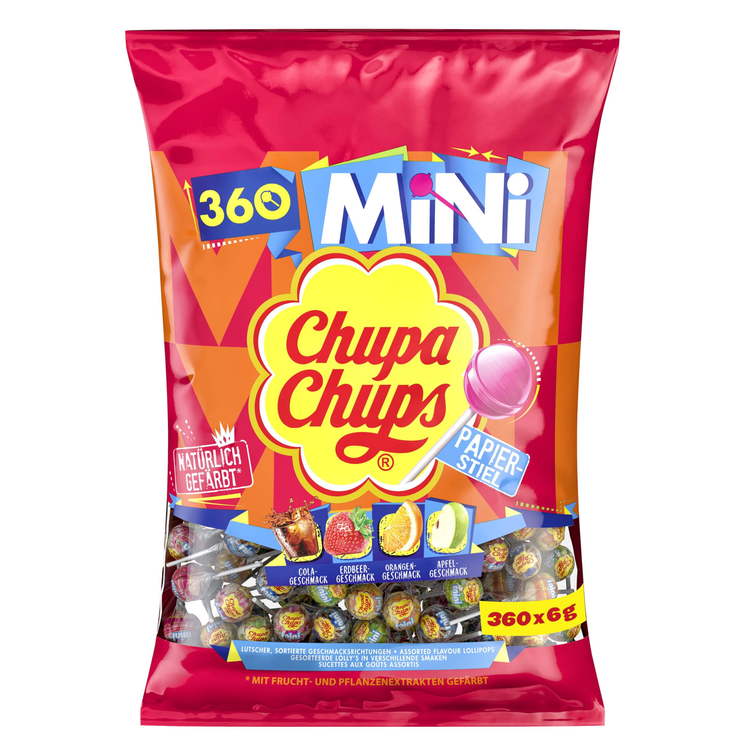 Chupa Chups Mini Classic Lutscher-Beutel, enthält 360 Mini-Lollis in den 4 Geschmacksrichtungen Cola, Orange, Erdbeere, Apfel, geeignet für Geburtstag, 360 x 6g