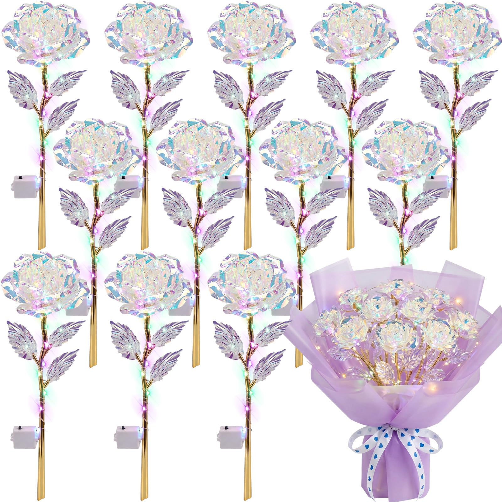 Photo 1 of Lyrow 12 Pcs LED Galaxy Rose Crystal Artificial Flowers, White