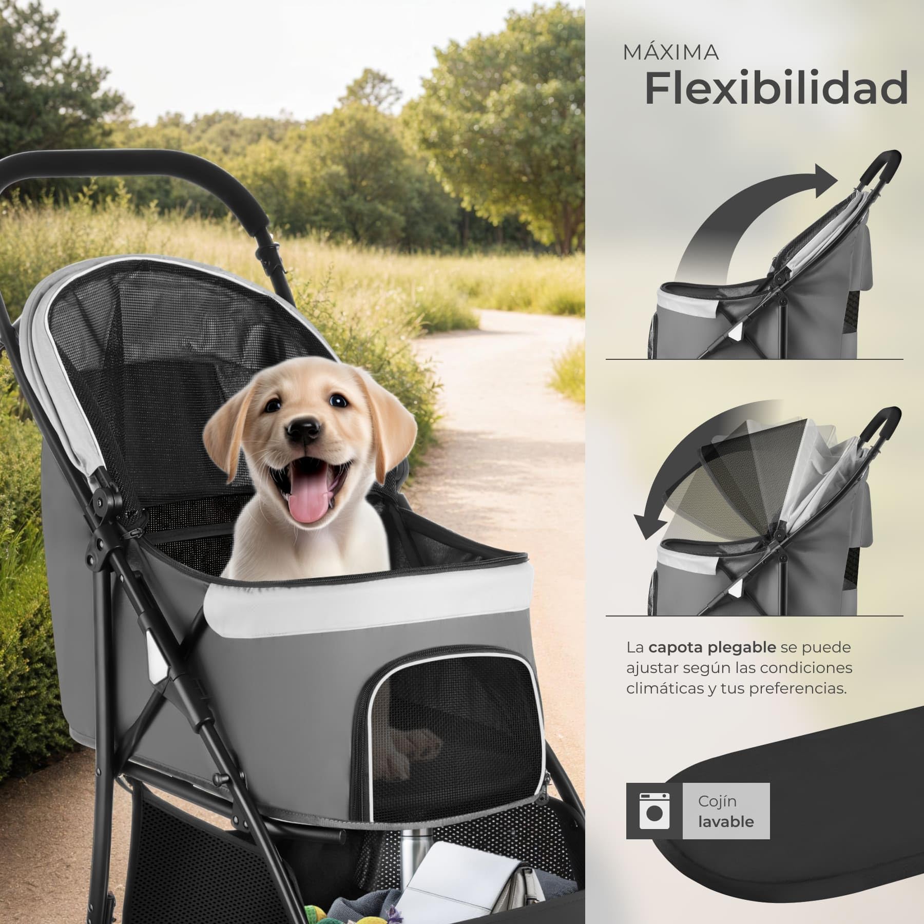 tectake® Carrito para Mascotas, Plegable, con Suspensión y 2 Arneses Ajustables, Ruedas Dobles Giratorias y con Freno, Tejido Oxford Resistente al Agua, Transporte Seguro para Perros, Gatos y Mascotas