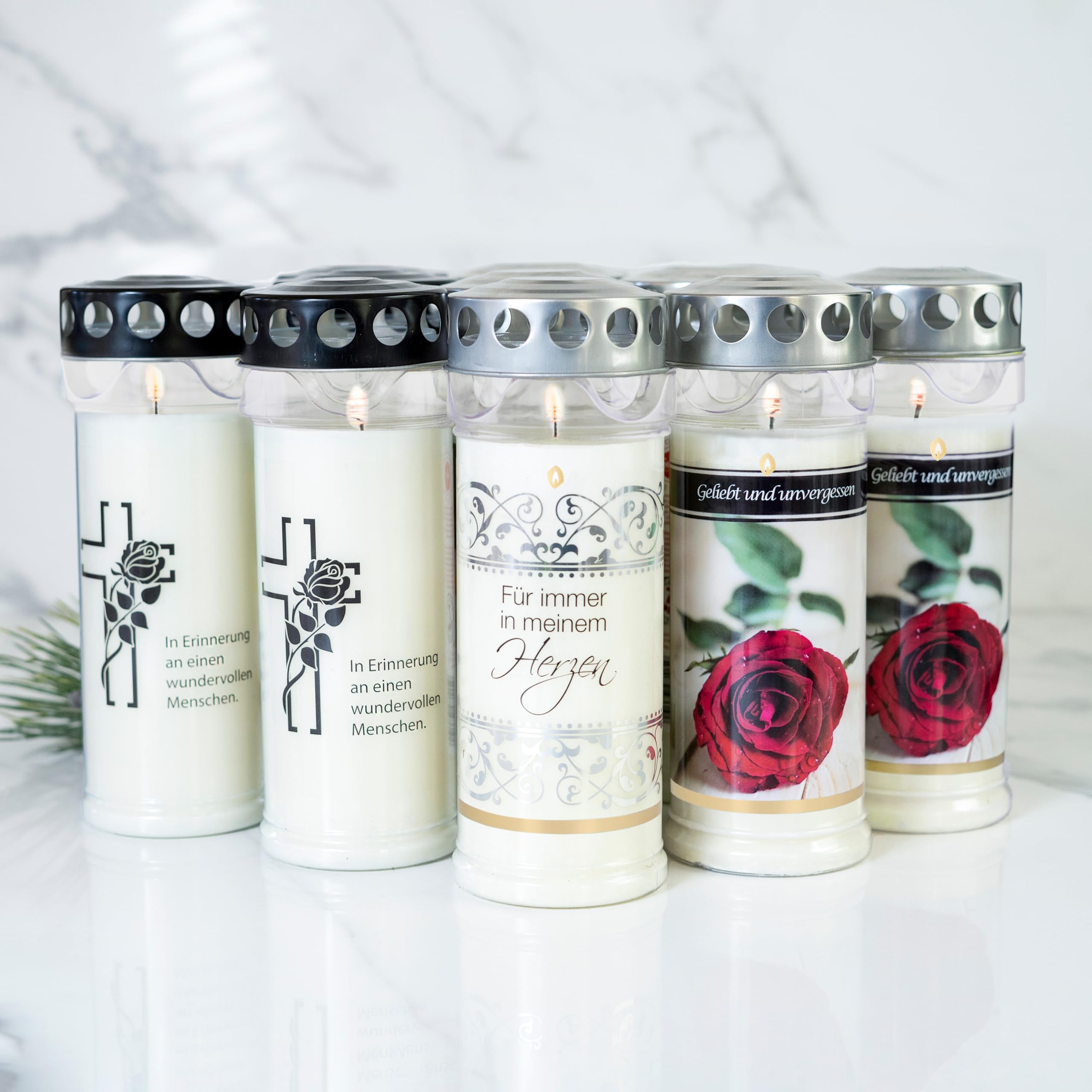 12-częściowy zestaw świec pogrzebowych HOFER czas palenia 7 dni – oryginalny produkt [Ewiheit Select] świece żałobne z pokrywką | znicz świeca cmentarna z motywem i sentencją | świece do dekoracji