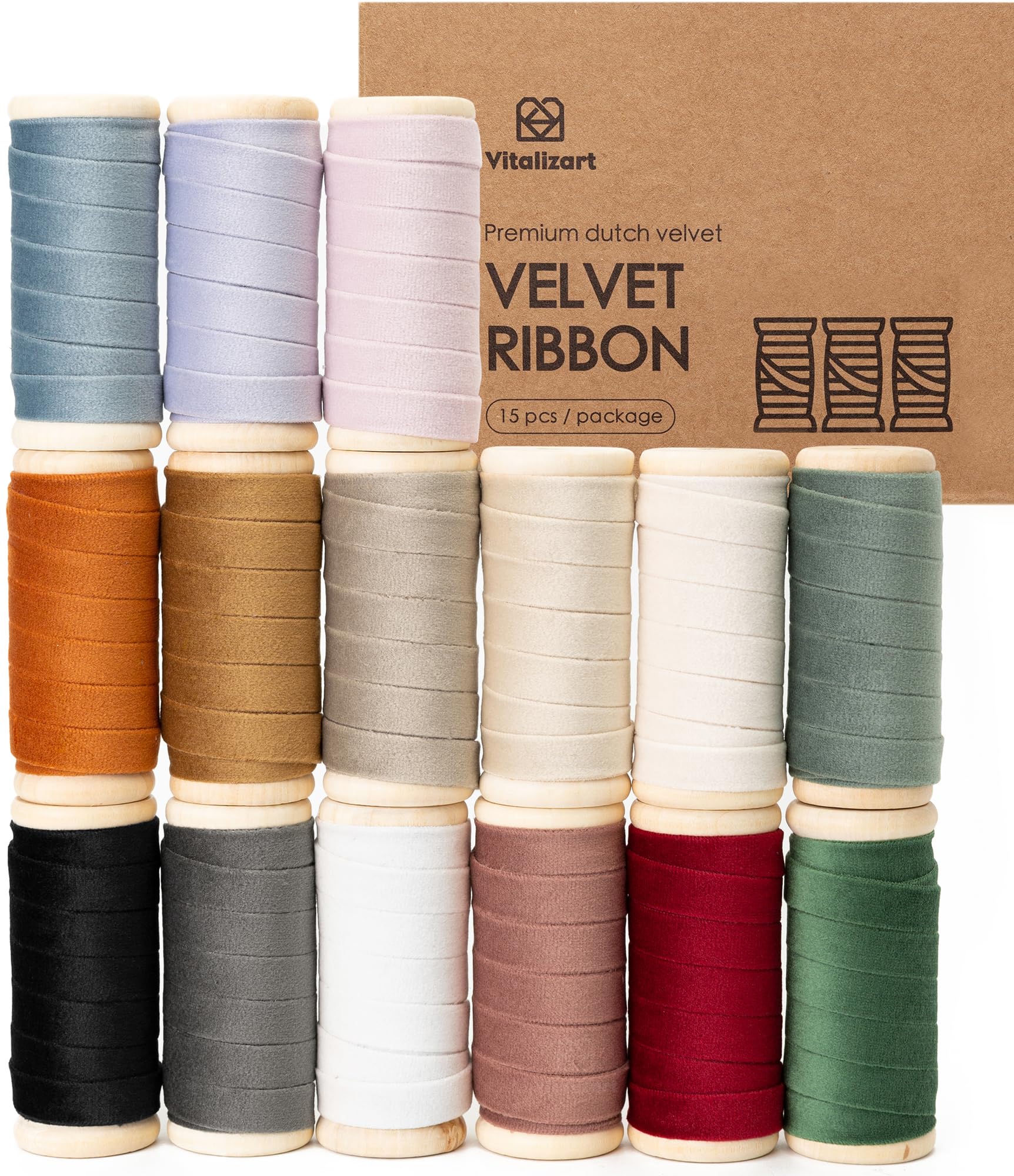 Vitalizart Velvet Ribbon Set 3/8" x 5Yd x 15 Rolls Mix Colours, Wooden Spool, Fabric Trim for Christmas Wreath Decoration, Handmade Craft, Ornaments, Gift Wrapping & Bow Making — image 1