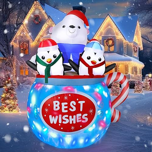 Decoraciones inflables de Navidad de 6 pies para exteriores, oso polar inflable y pingüinos en la taza, luz LED colorida integrada, decoración de