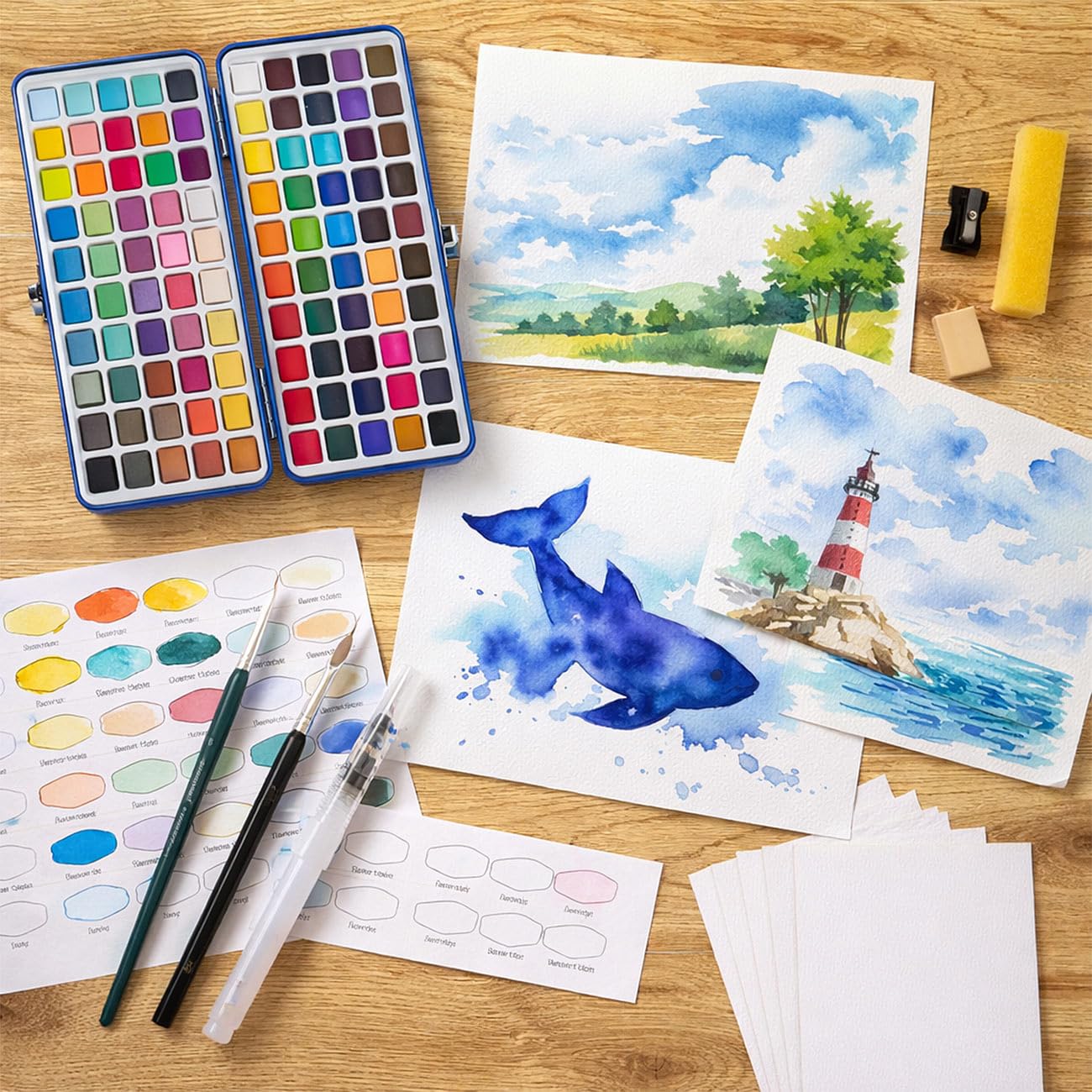 Künstler-Aquarellfarben: 4 Aquarellfarben-Sets mit je 100 Farben, Metallbox, 3 Pinsel, Papier (Farbenkästen, Malfarbe)