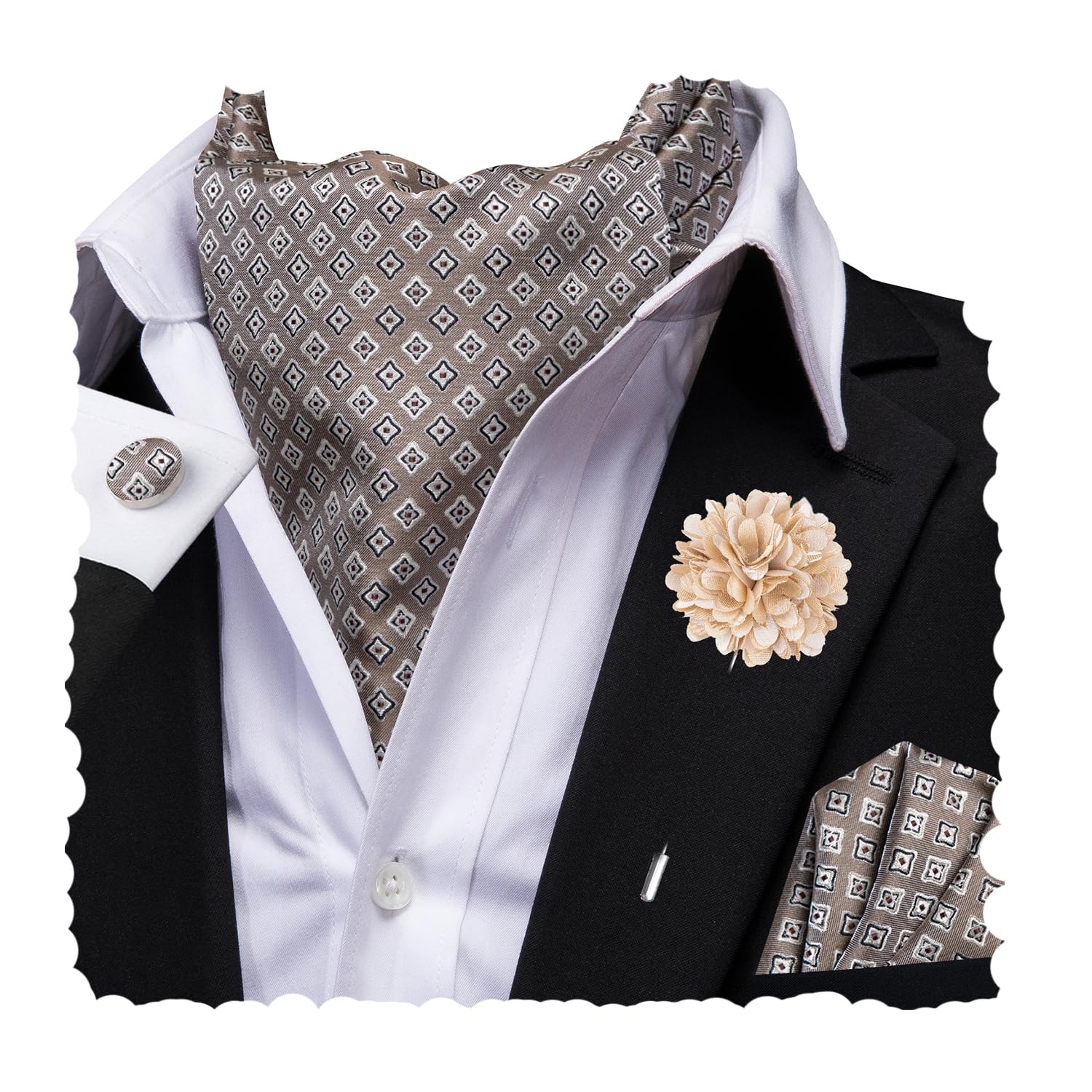 Hi-Tie Silk Ascot for Men Self Tie Men's Cravat and Flower Lapel Pin Handkerchief Cufflinks Set for Wedding Party