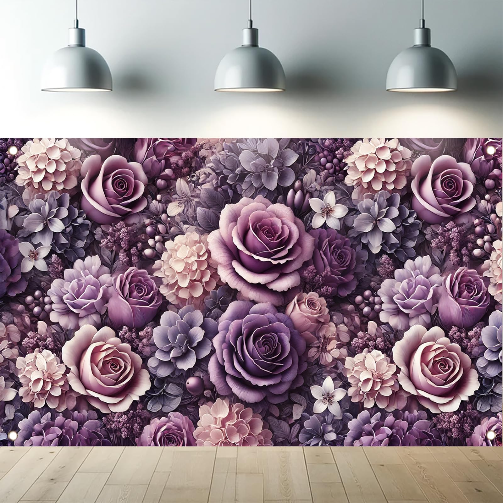 Starlit Patio Happy Birthday Backdrop Banner Lavender and Rose Floral Birthday Photography Background for Women Sweet Girls Birthday Party Decoration