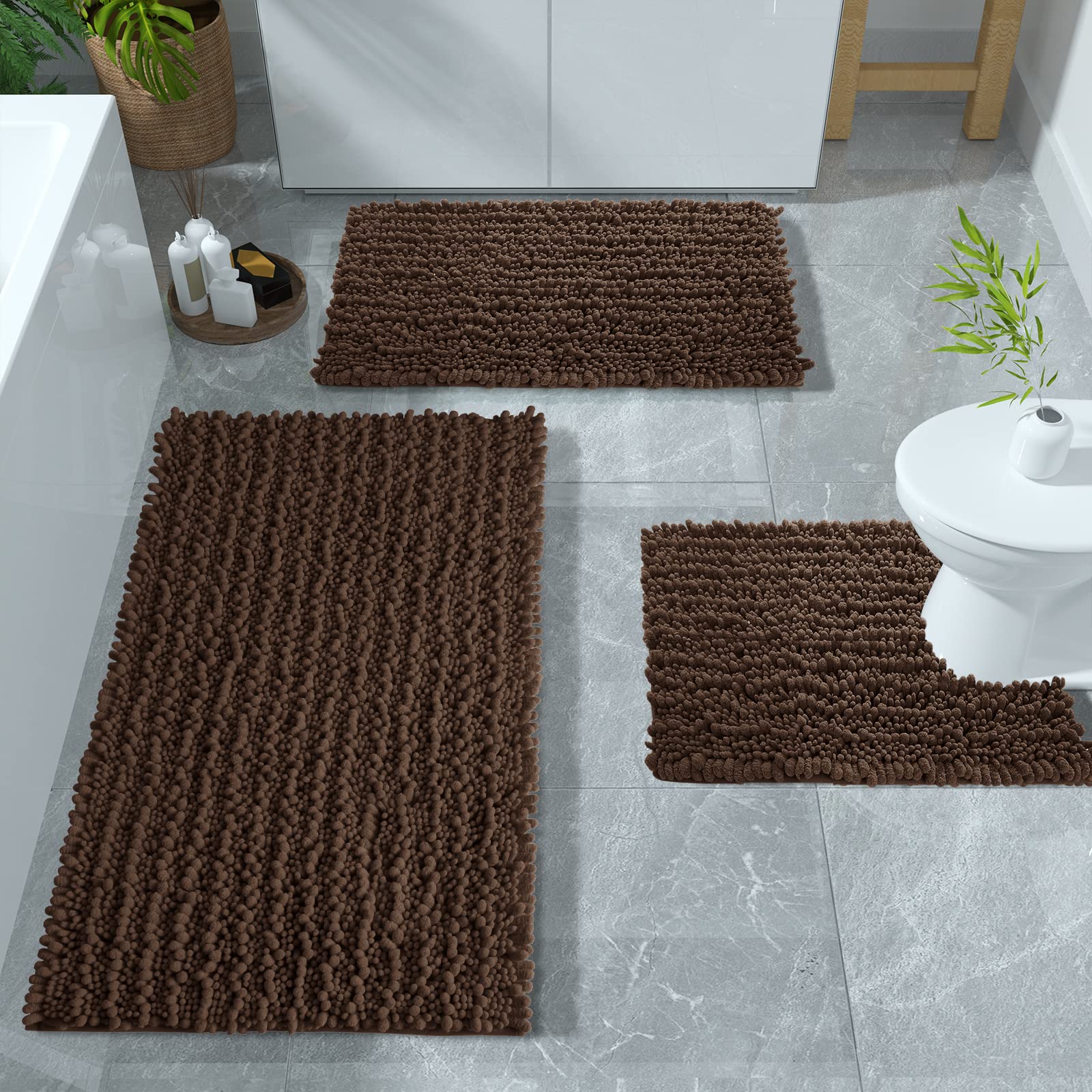 yimobra bathroom rugs sets 3 piece, fluffy plush chenille baht room mats sets with toilet rug u shaped, soft shaggy absorbent non slip shower rug for sink, laundry room mat, machine washable, brown