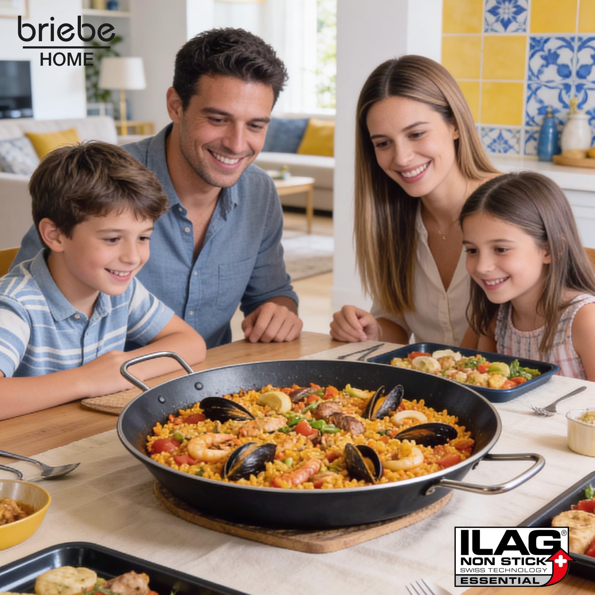 briebe Zafran Poêle à paella à induction anti-adhésive ILAG écologique sans PFOA, épaisseur 3 mm, aluminium pressé, convient à toutes les cuisines, vitrocéramique, gaz, four 46 cm