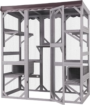 Large Catio Outdoor Cat Enclosure with Condos, Wood Catio Walk in Cat House, Kitty Shelter Indoor with Waterproof Roof
