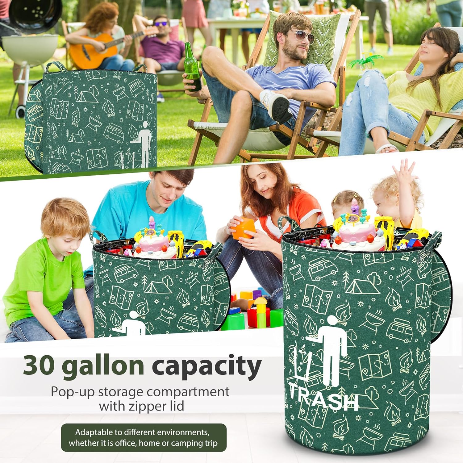 1 Pack Collapsible Trash Can Camping with Zippered Lid Foldable Storage Bin Portable Garbage Can for Outdoor Camping RV's Yard Waste (Trash Style)
