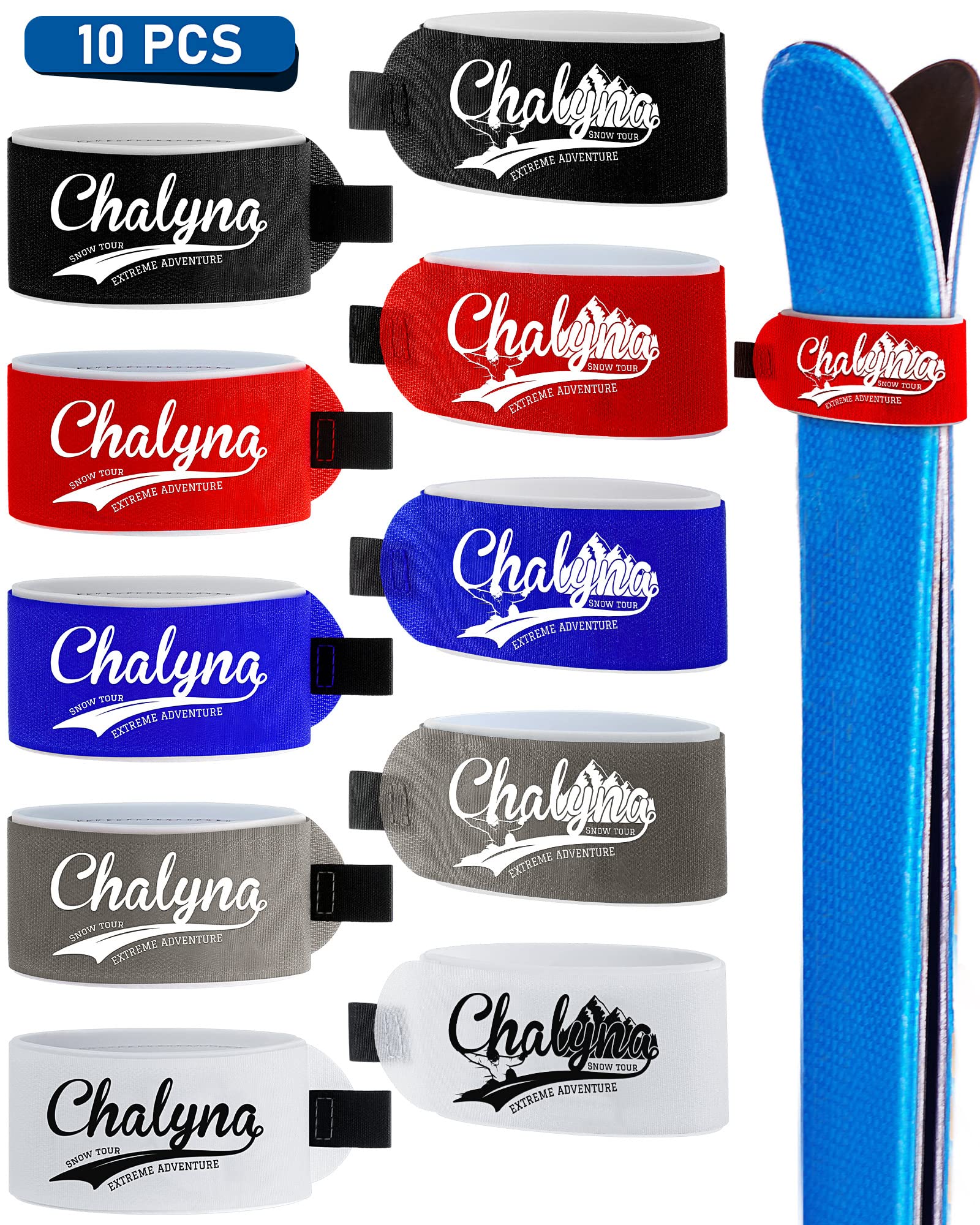 10 Pieces Ski Fastener Straps Ski Straps Fasterner Tape Adjustable Ski Wraps Ties with EVA Protector Pads for Winter Families Christmas Men Women Skiing