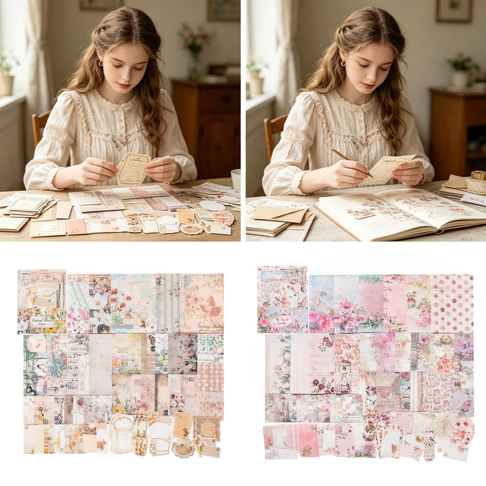 Zestaw papieru do scrapbookingu, 200 arkuszy, dwustronny, bezkwasowy, różne rozmiary od 40 mm do 130 mm, wiejski sezon kwiatowy i słodkie style ogrodowe