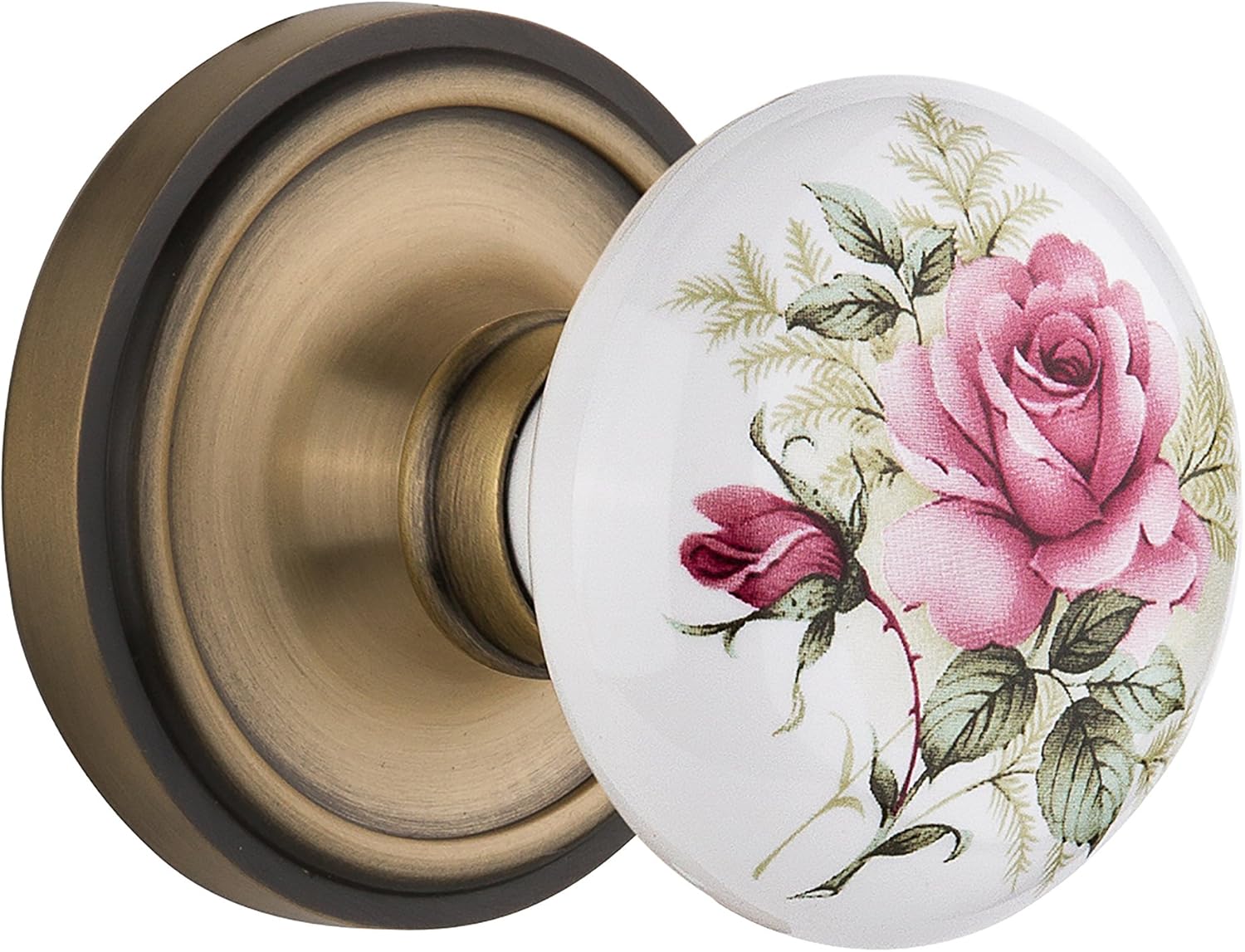 Nostalgic Warehouse Classic Rosette with Rose Porcelain Door Knob, Single Dummy, Antique Brass
