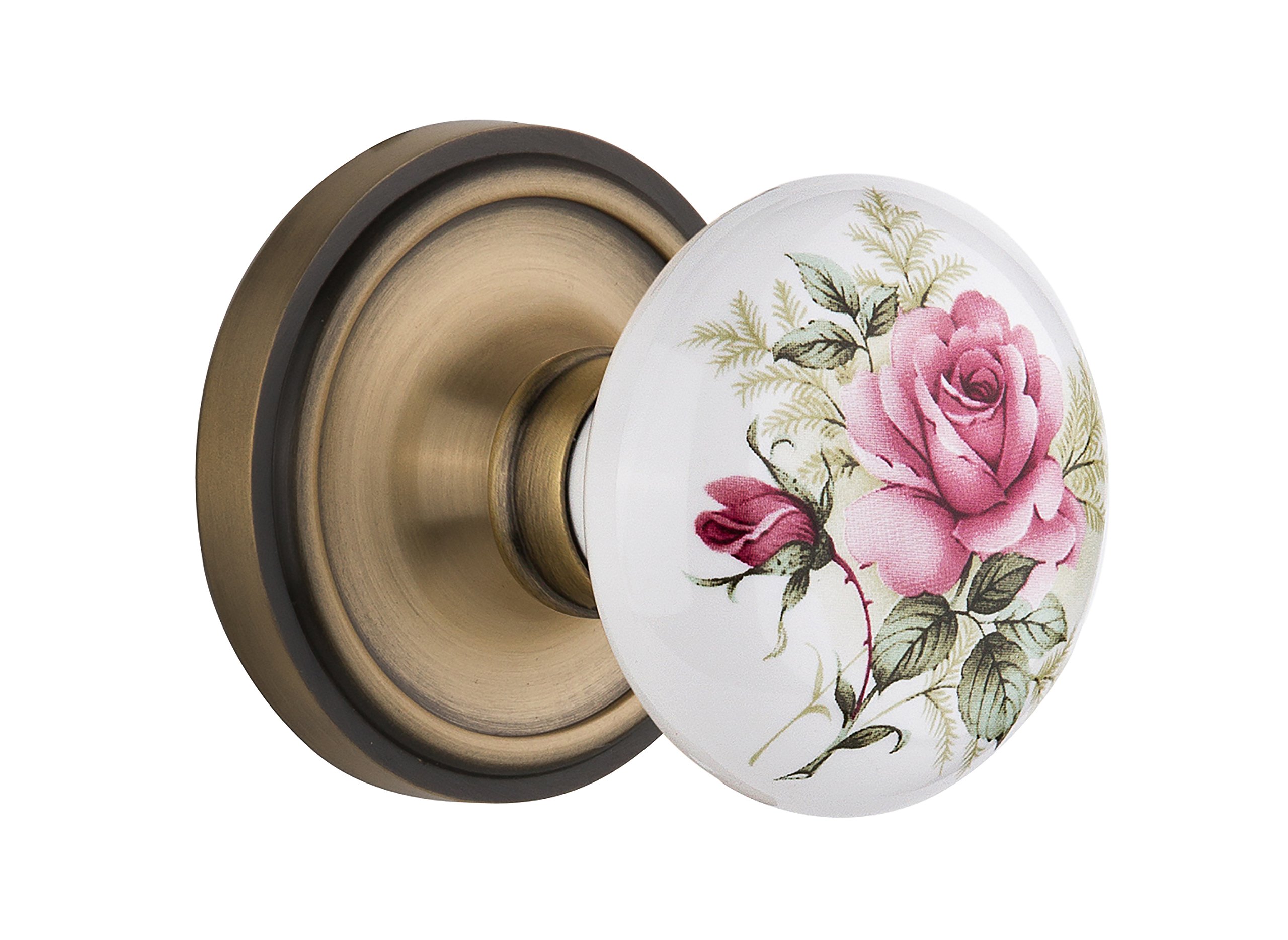 Nostalgic Warehouse Classic Rosette with Rose Porcelain Door Knob, Single Dummy, Antique Brass