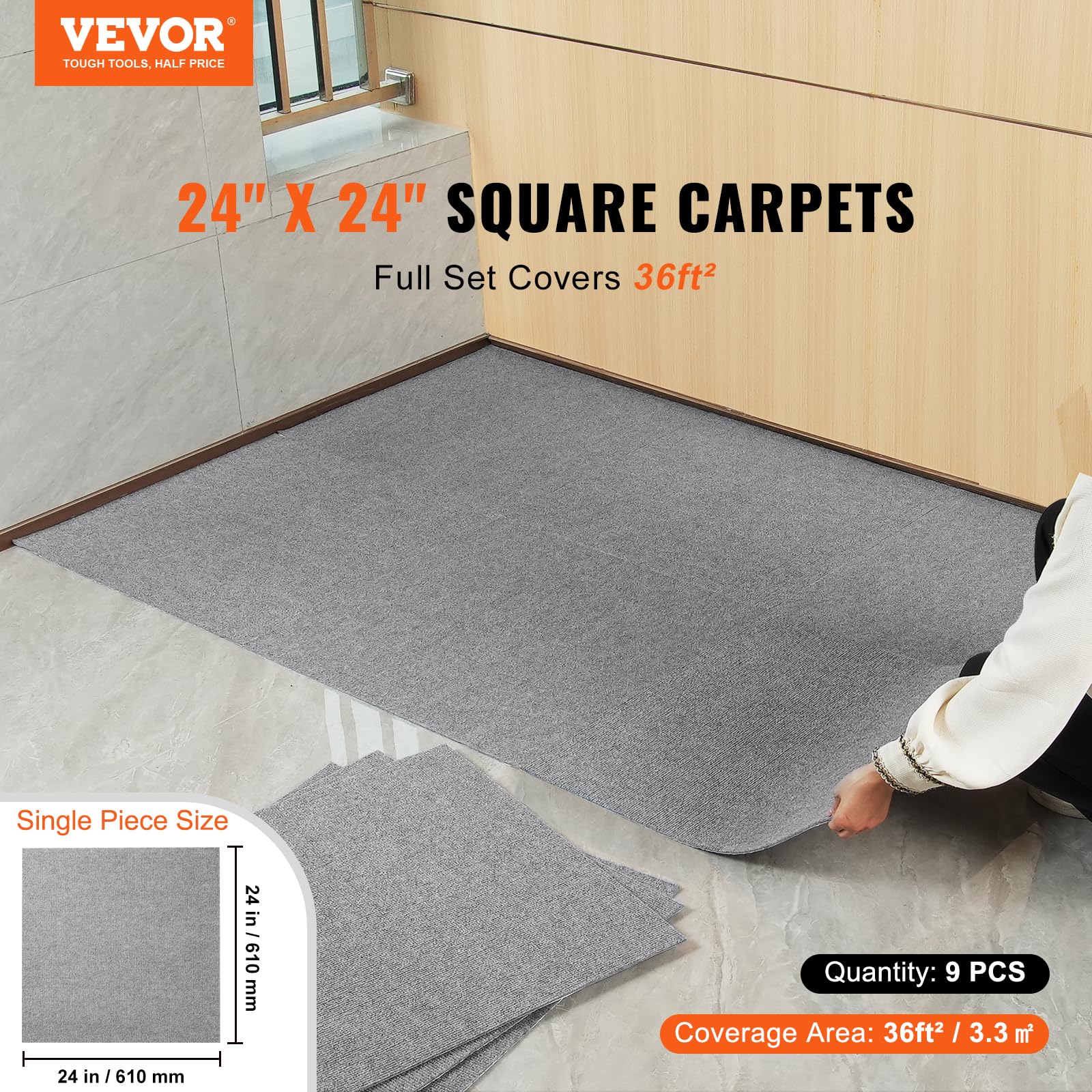 VEVOR Losetas para Alfombras, Despegar y Pegar, Autoadhesivas, Losetas de Alfombra Acolchadas, Fácil de Instalar, Bricolaje para Dormitorio, Sala de Estar, Interior y Exterior (9 Azulejos, Gris Claro)
